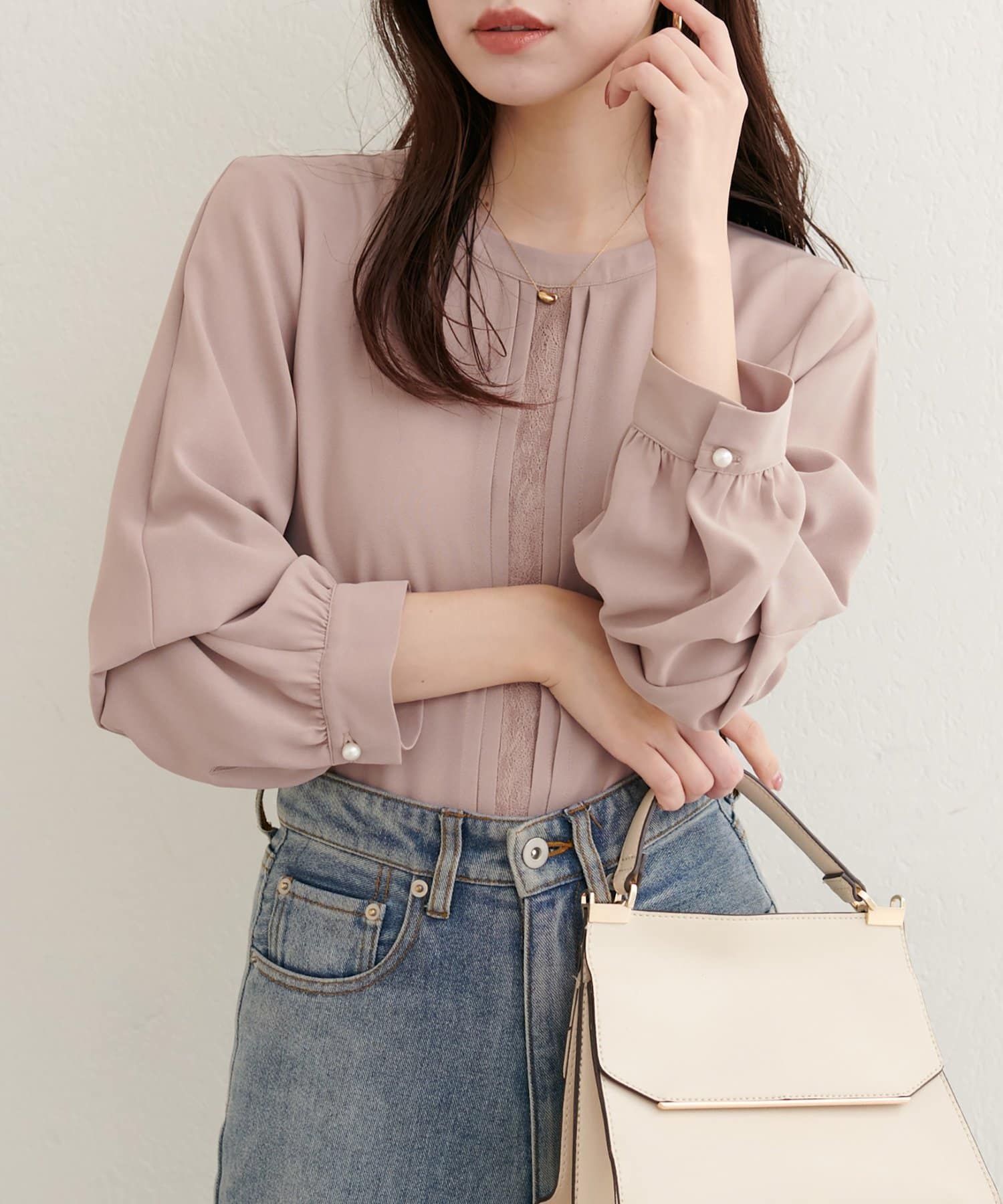 natural couture(ナチュラルクチュール) 【WEB限定】レースフロントピンタックブラウス