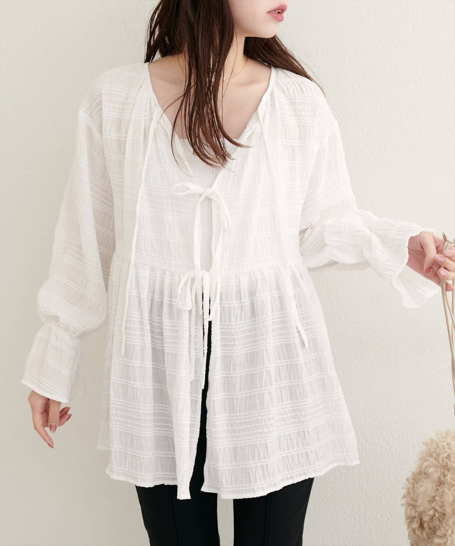 natural couture(ナチュラルクチュール) 【WEB限定】モールボーダーペプラムブラウス