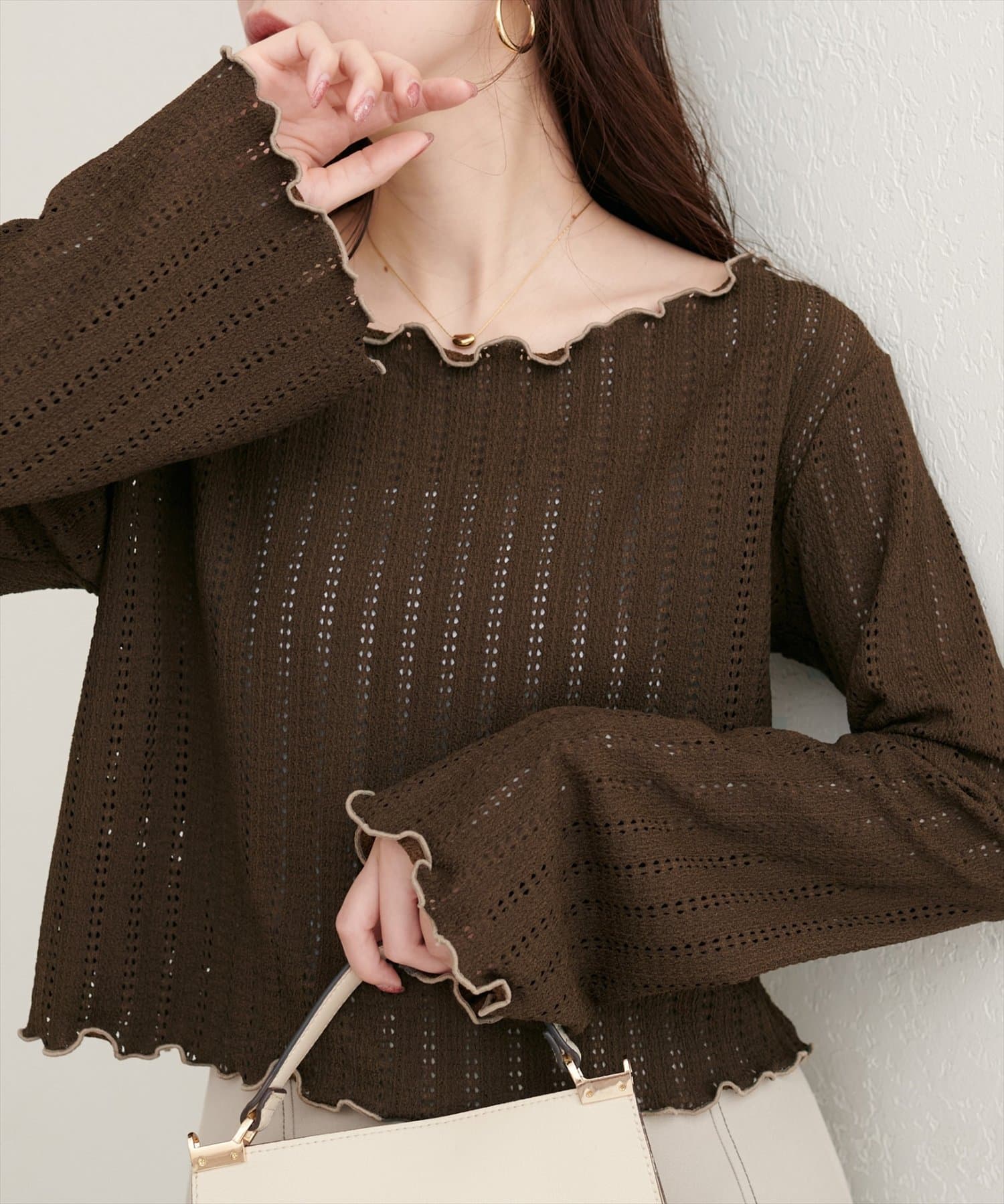natural couture(ナチュラルクチュール) 【WEB限定】透かしカットソー配色TOPS