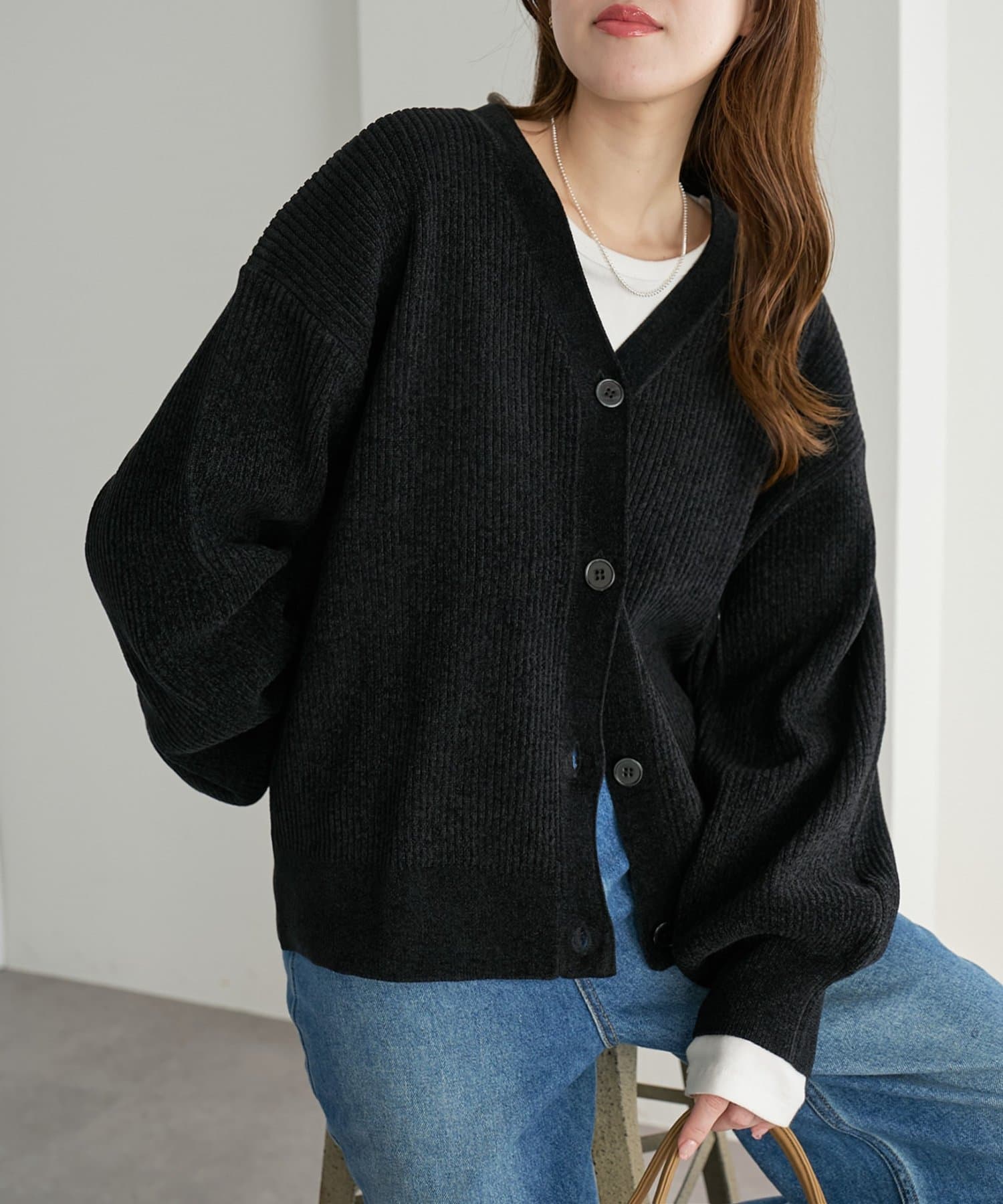 DISCOAT(ディスコート) ベロアモールVネックカーディガン