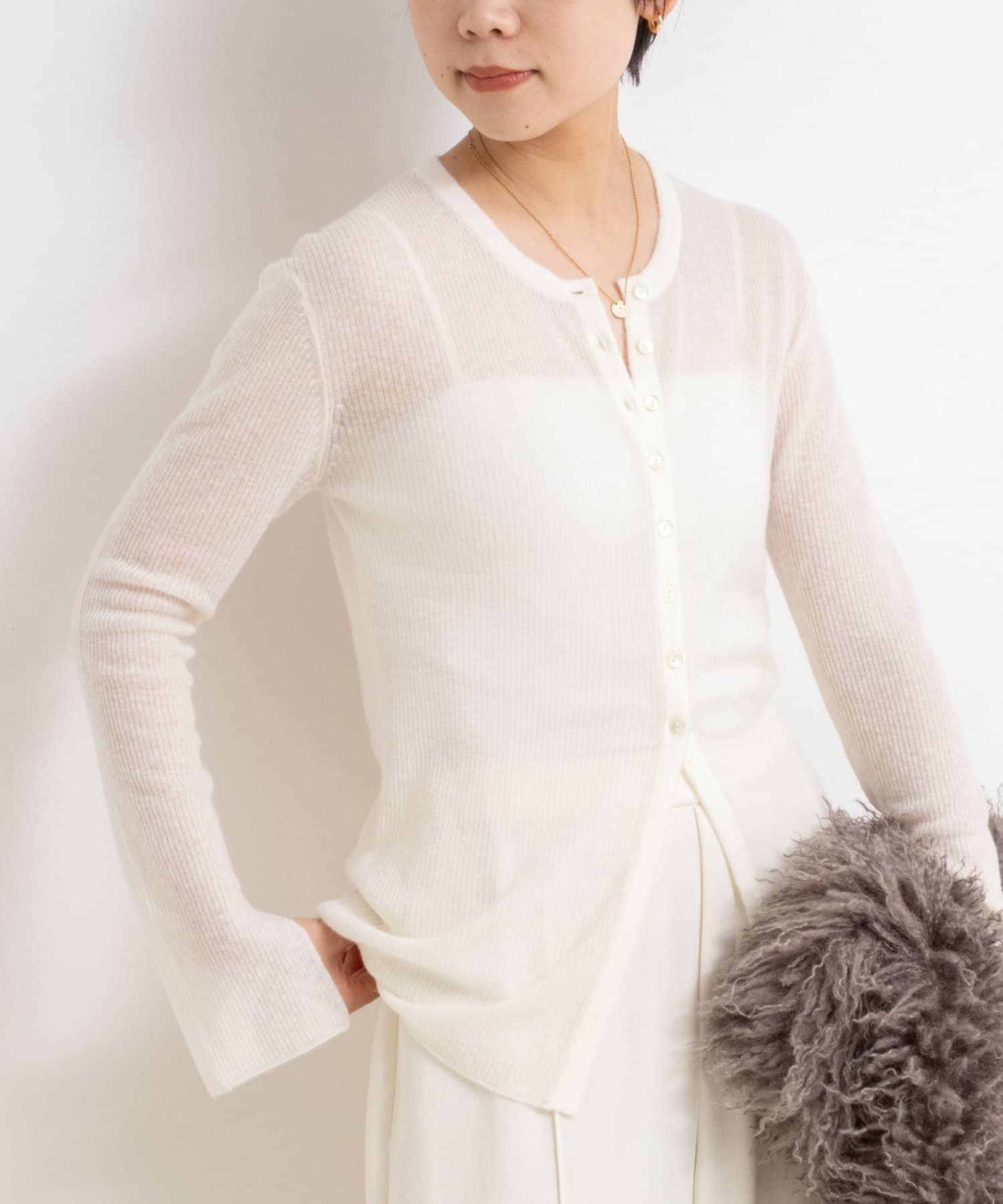 NOLLEY'S(ノーリーズ) 【WEB限定カラーあり】カシミヤ混ガーゼ風リブクルーネックミディ丈カーディガン
