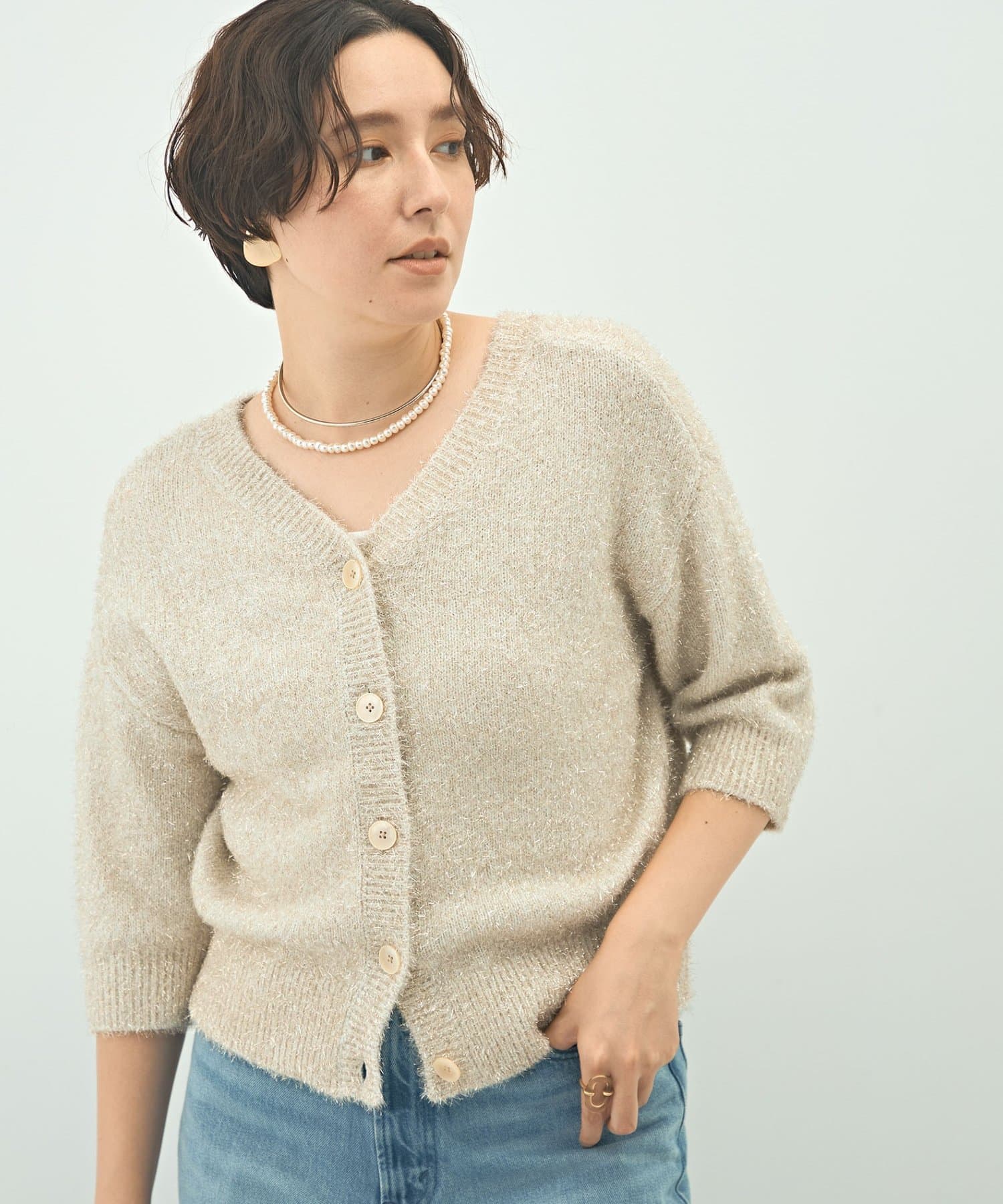 NOLLEY'S(ノーリーズ) キラキラフェザー2WAY5分袖プルオーバーニット