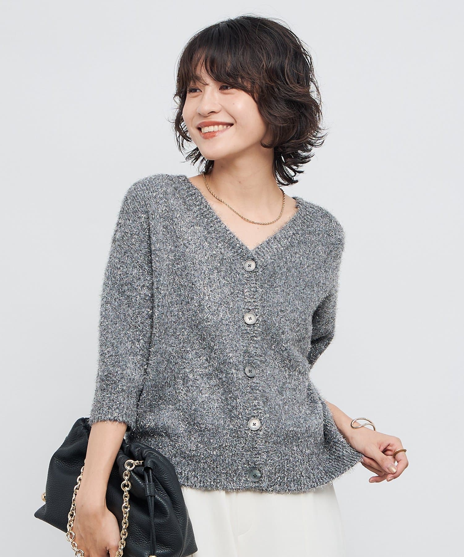 NOLLEY'S(ノーリーズ) キラキラフェザー2WAY5分袖プルオーバーニット