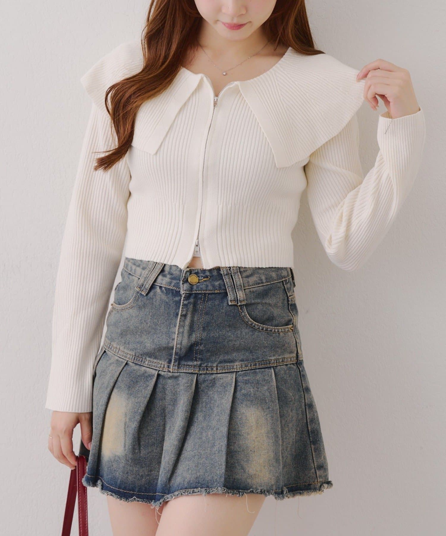 NICE CLAUP / OLIVE des OLIVE OUTLET(ナイスクラップ  / オリーブ デ オリーブ アウトレット) 華奢見え叶う♡【RMAF】BIG衿ZIPカーデ