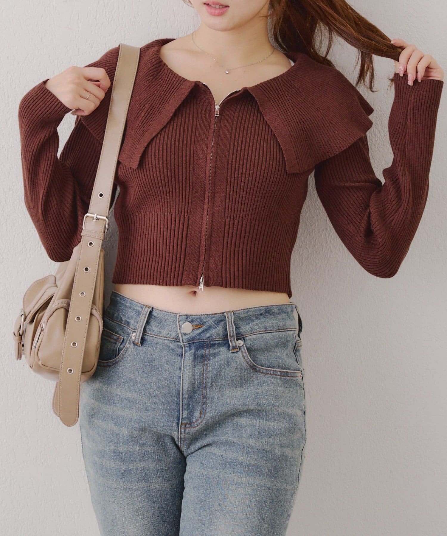 NICE CLAUP / OLIVE des OLIVE OUTLET(ナイスクラップ  / オリーブ デ オリーブ アウトレット) 華奢見え叶う♡【RMAF】BIG衿ZIPカーデ
