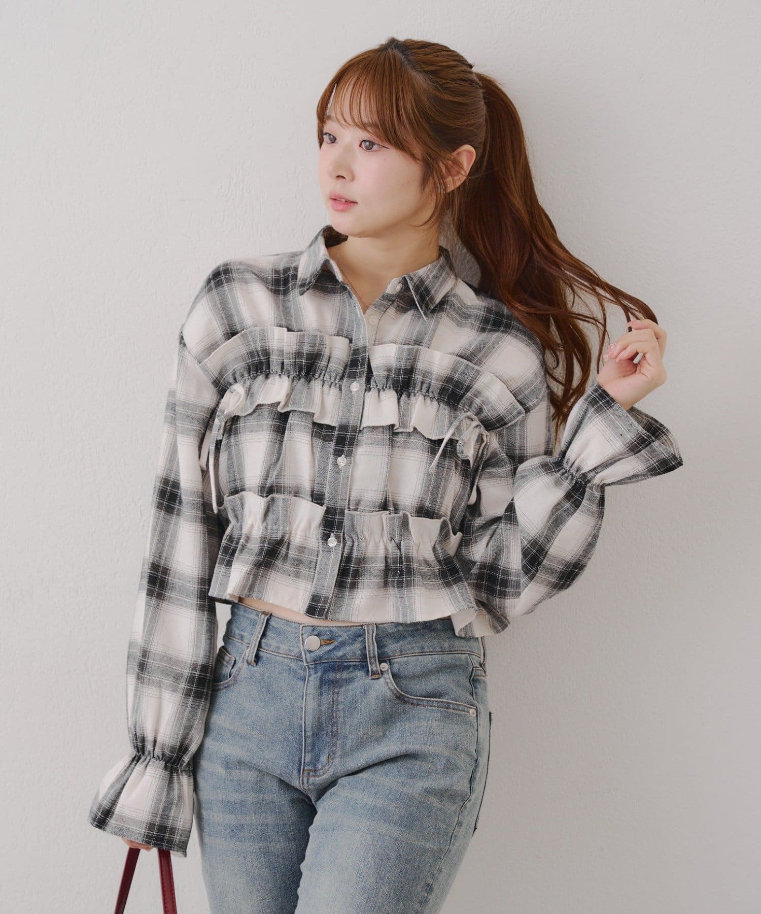NICE CLAUP / OLIVE des OLIVE OUTLET(ナイスクラップ  / オリーブ デ オリーブ アウトレット) 【RMAF】胸リボンチェックシャツ