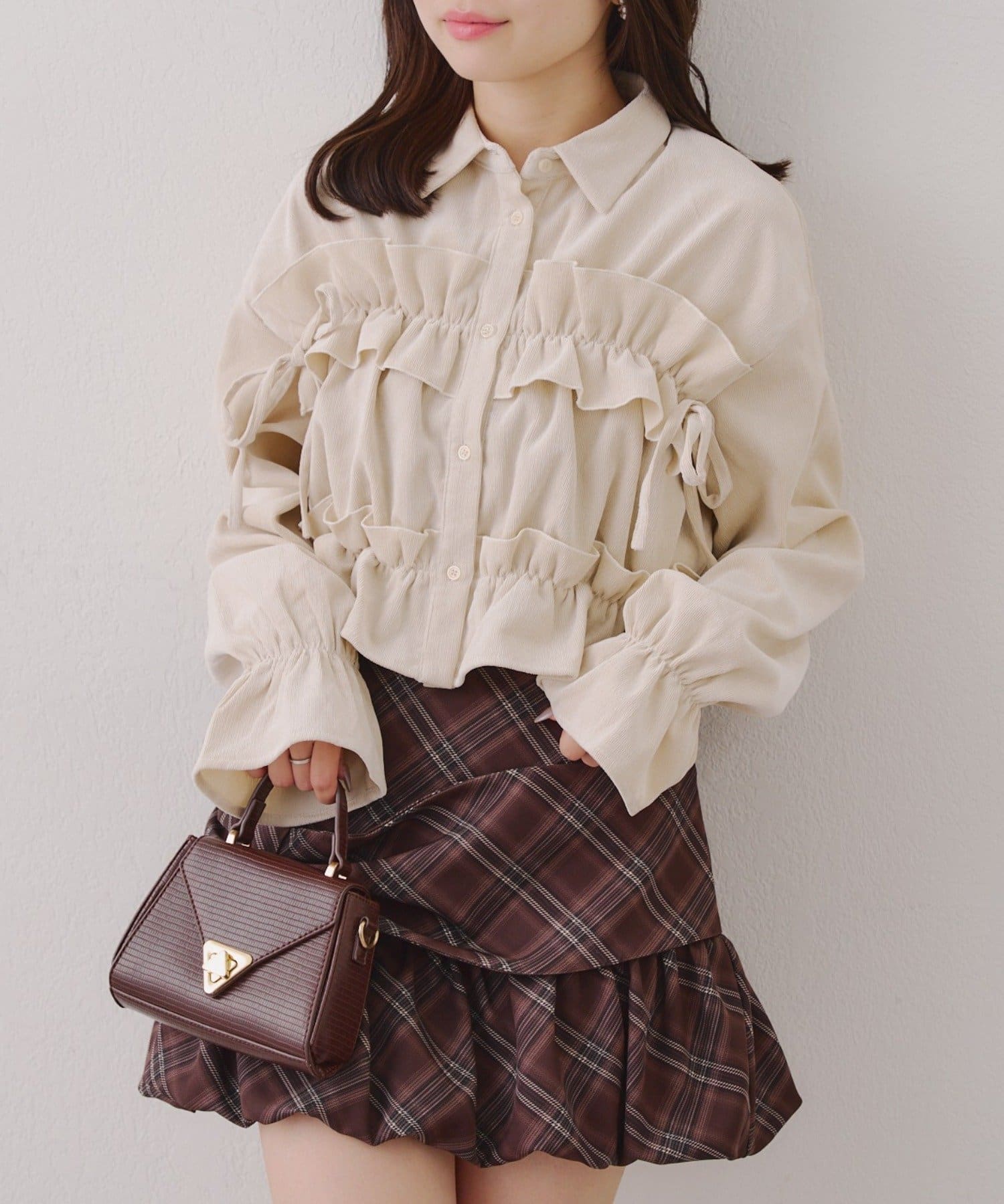 NICE CLAUP / OLIVE des OLIVE OUTLET(ナイスクラップ  / オリーブ デ オリーブ アウトレット) 【RMAF】胸リボンチェックシャツ