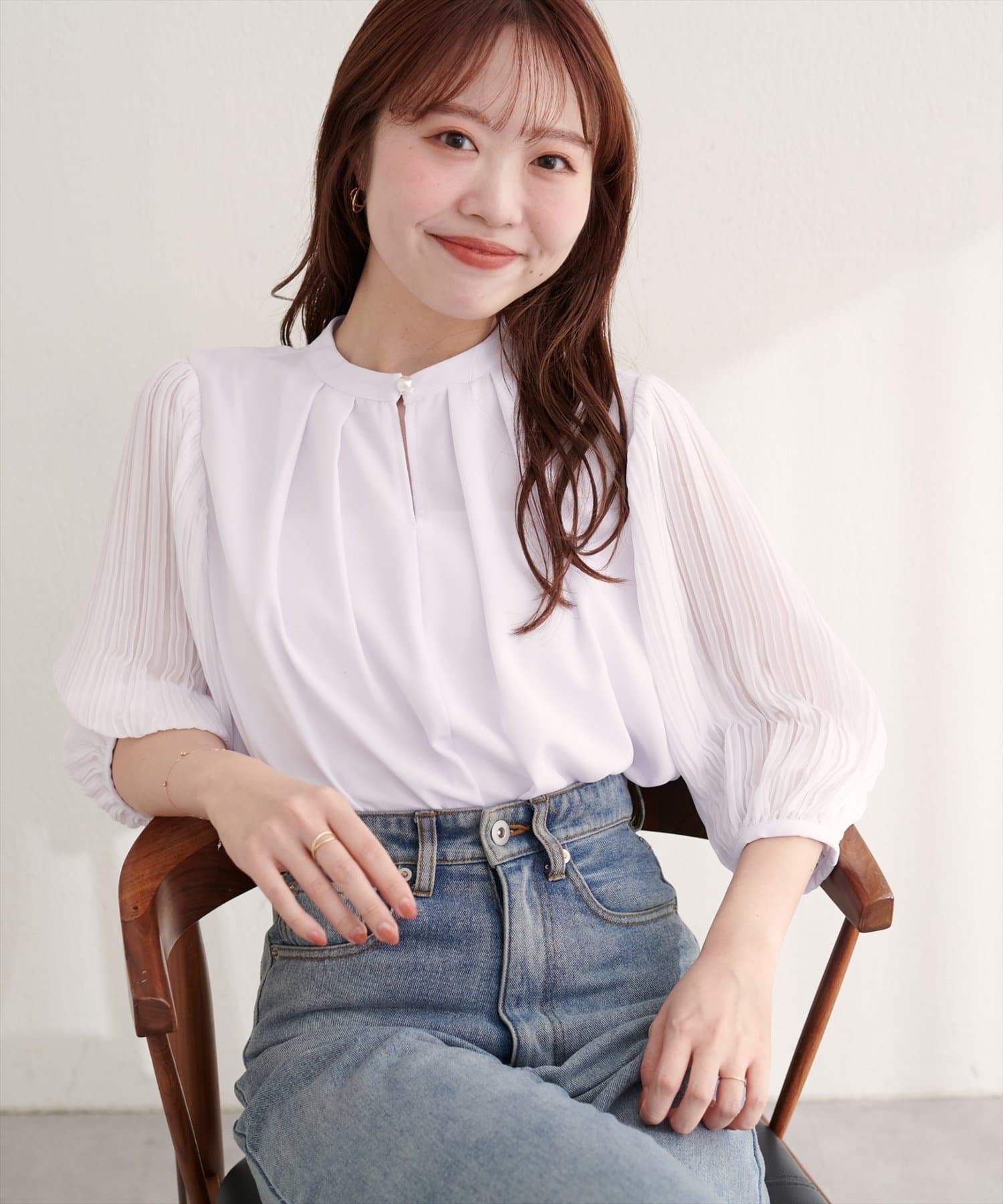 natural couture(ナチュラルクチュール) 【WEB限定】プリーツスリーブきれいめブラウス