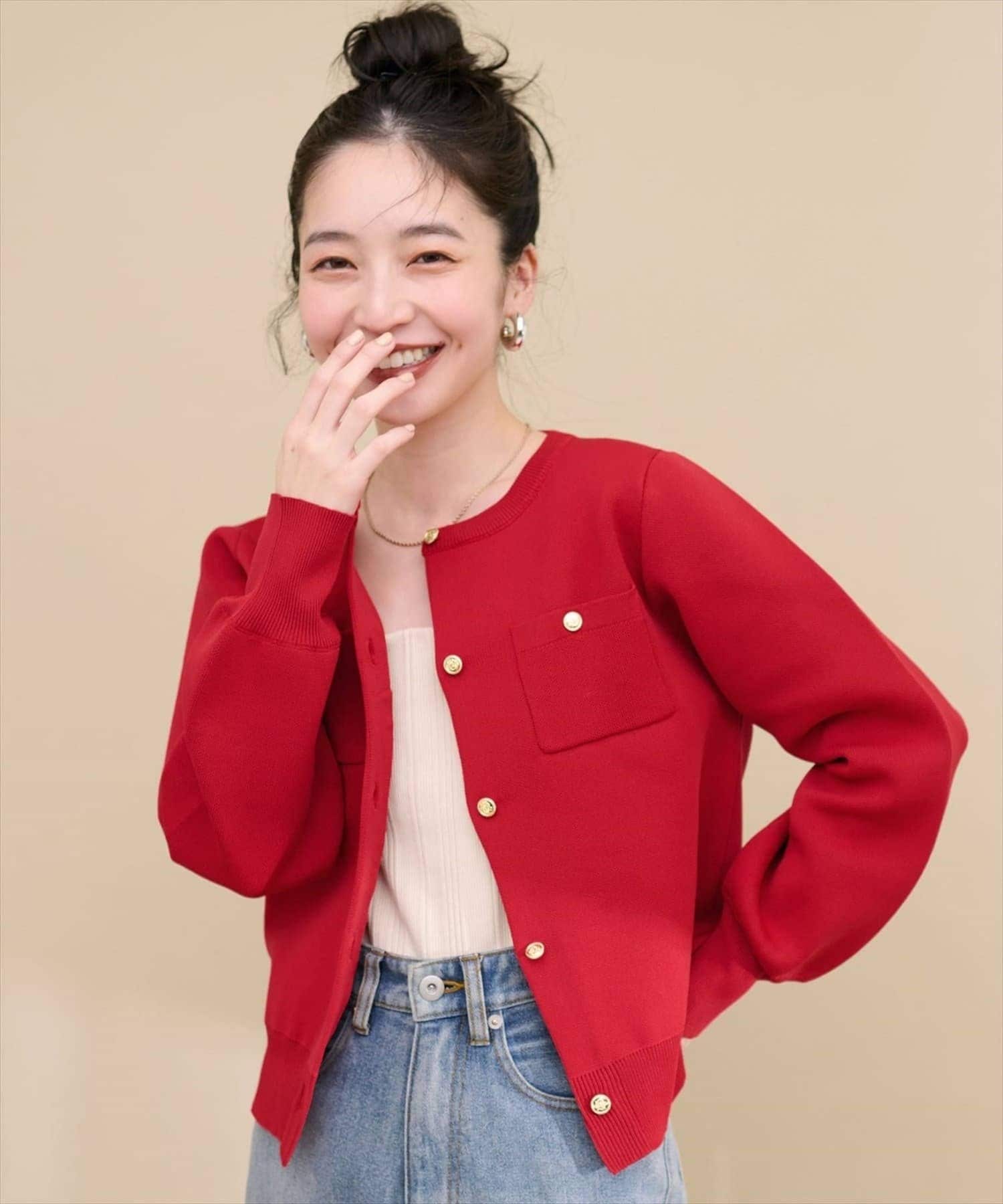 natural couture(ナチュラルクチュール) 【WEB限定】ポリニット金釦ポケ付きカーディガン
