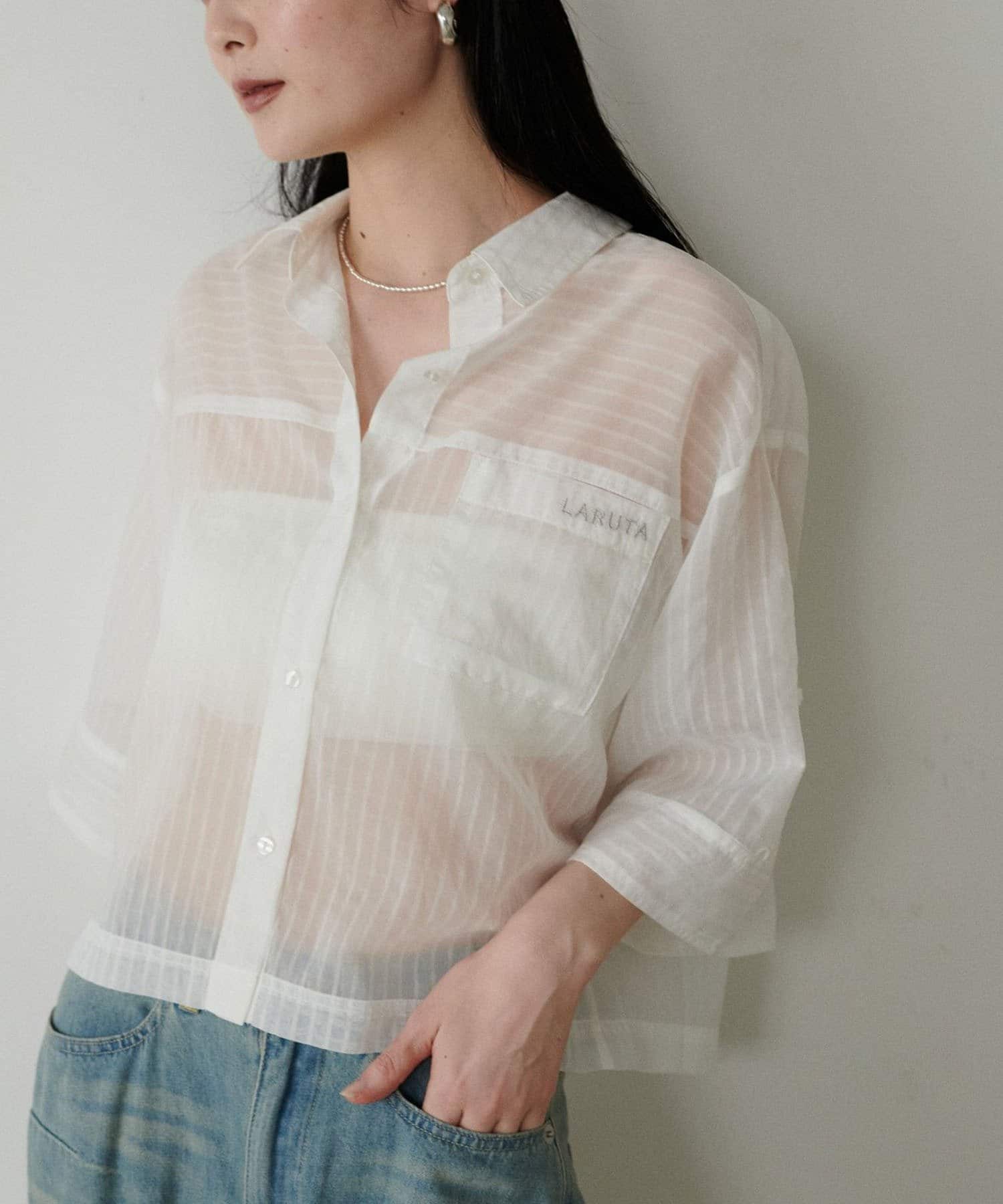 NICE CLAUP / OLIVE des OLIVE OUTLET(ナイスクラップ  / オリーブ デ オリーブ アウトレット) 【LARUTA】シアー半袖刺繍ロゴシャツ