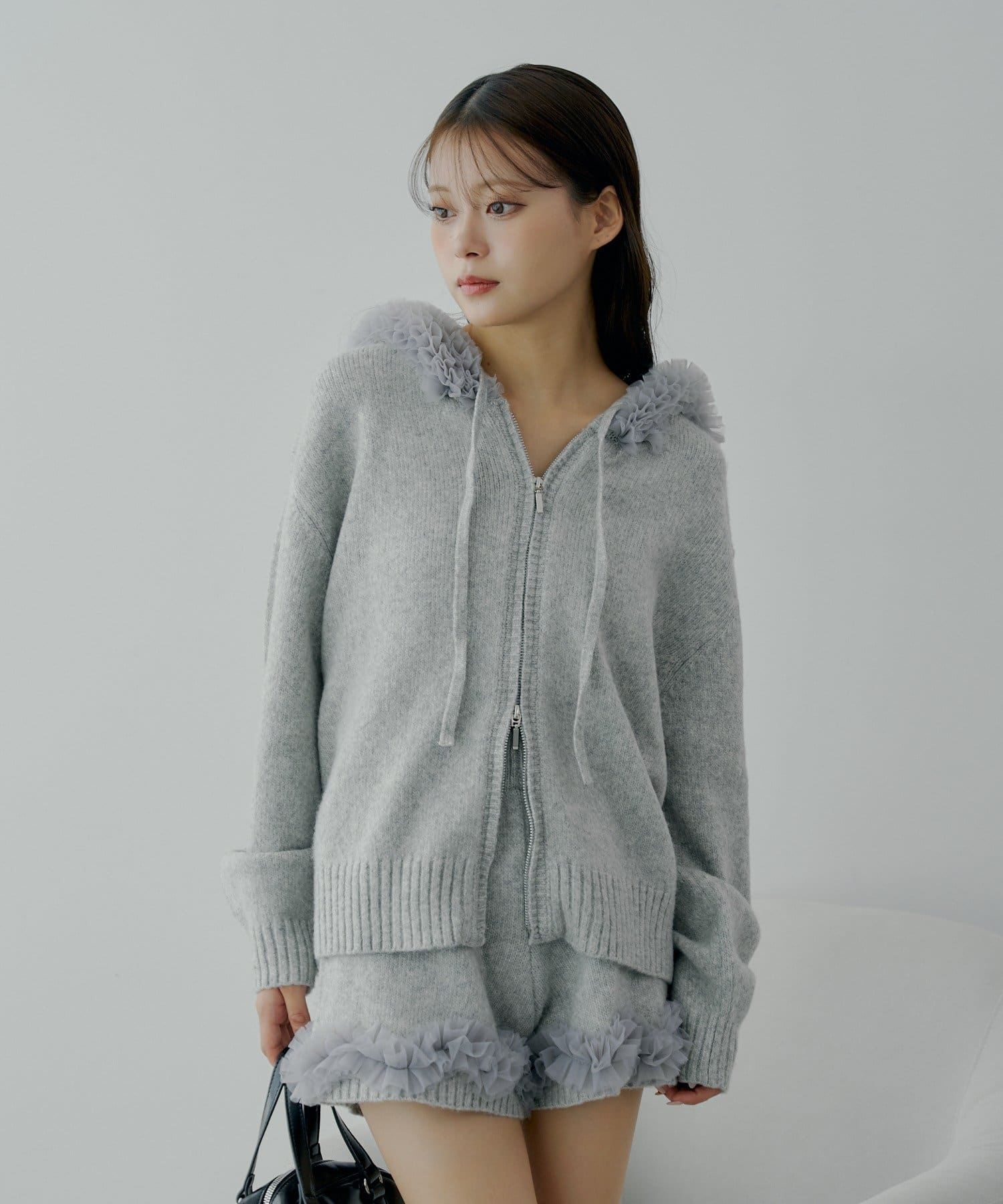 セットアップ対応】フリルフードニットジップカーディガン
