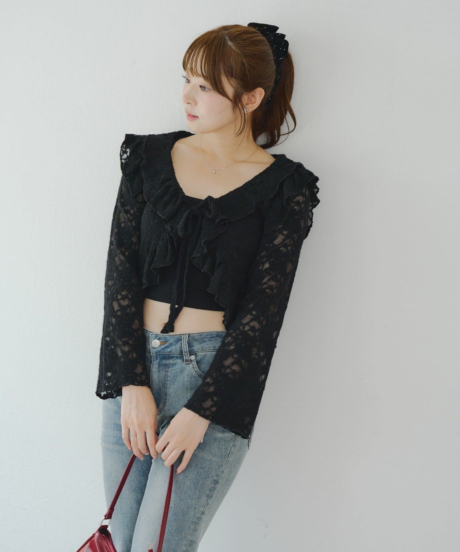 NICE CLAUP / OLIVE des OLIVE OUTLET(ナイスクラップ  / オリーブ デ オリーブ アウトレット) 起毛カットジャガードラッフルカーデ