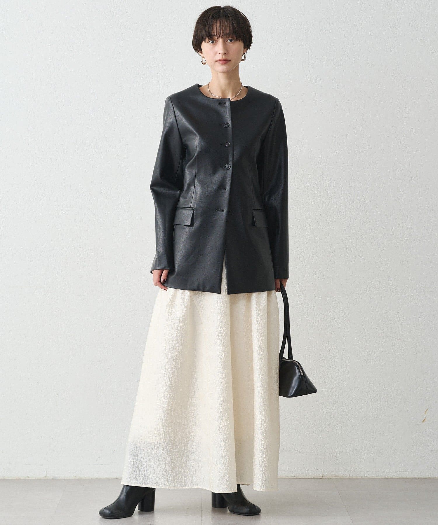 【新品】 Laungedress レザージャケット ノーカラーフェイクレザージャケット | LOUNGEDRESS(ラウンジ