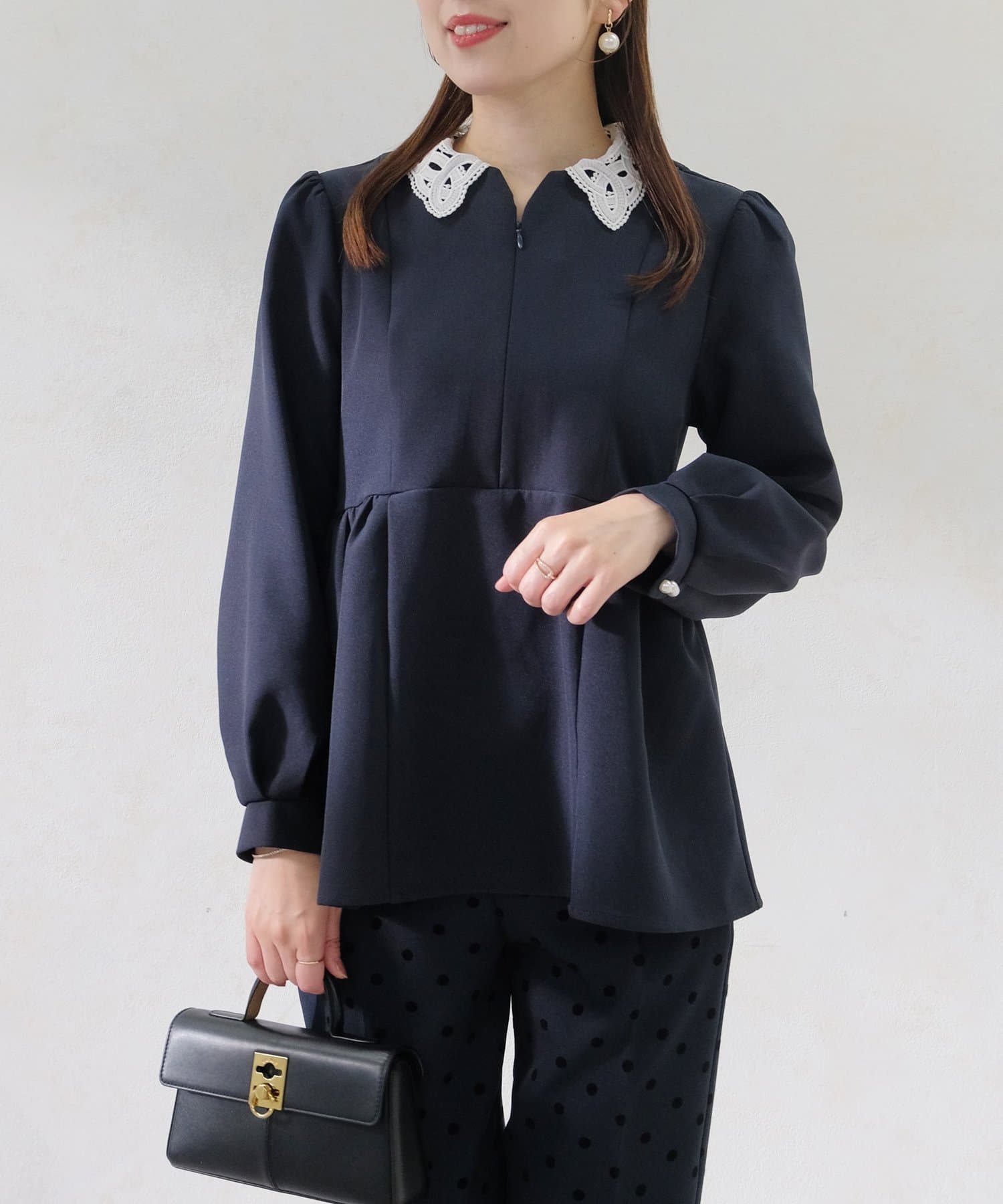 【ドゥロワー】バックペプラムショートコート（M）七分袖　シルクウール　ブラック 長袖襟付きペプラム【7h-971-00009】