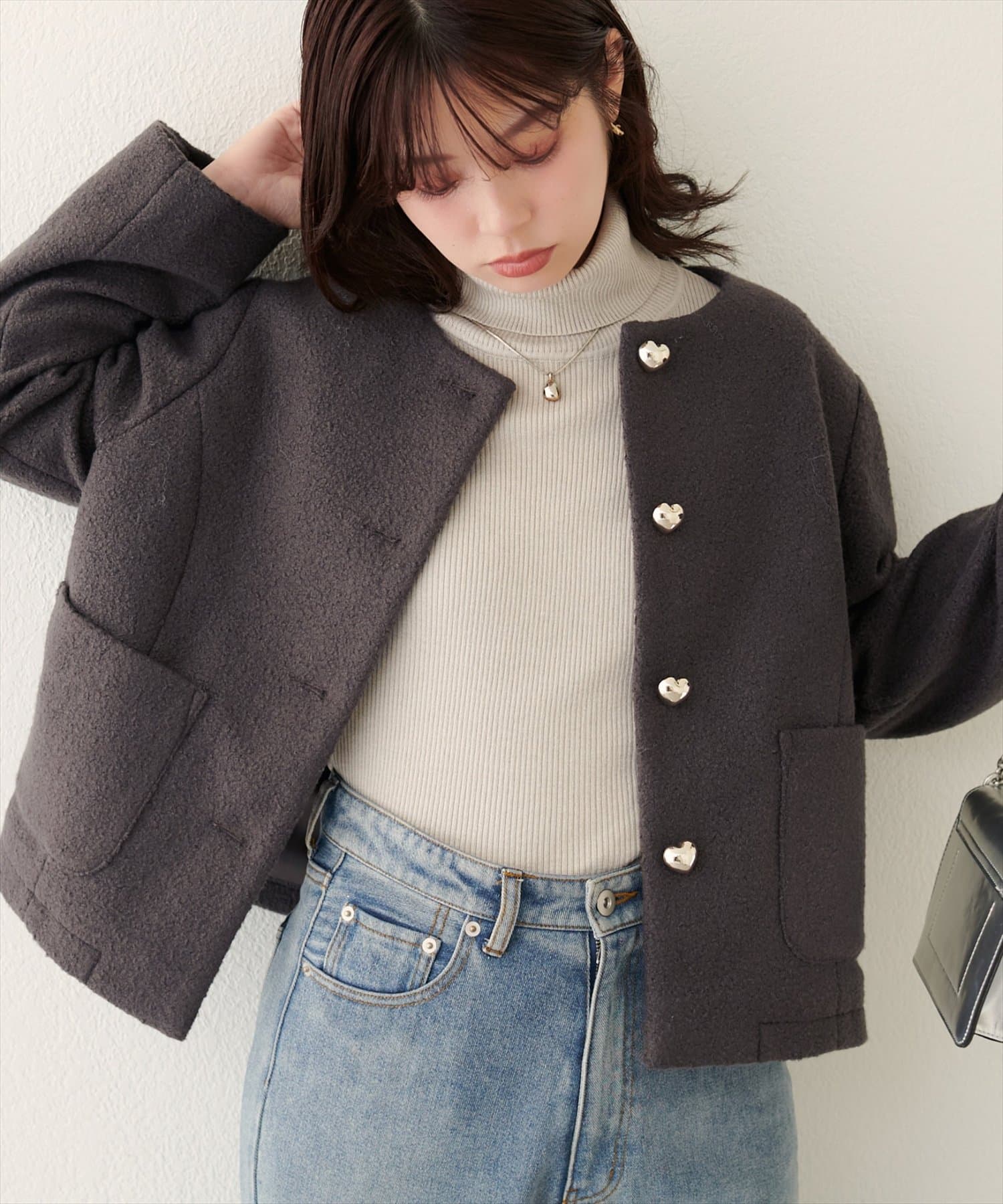 natural couture(ナチュラルクチュール) 【WEB限定】ハート釦ほっこり素材コートジャケット