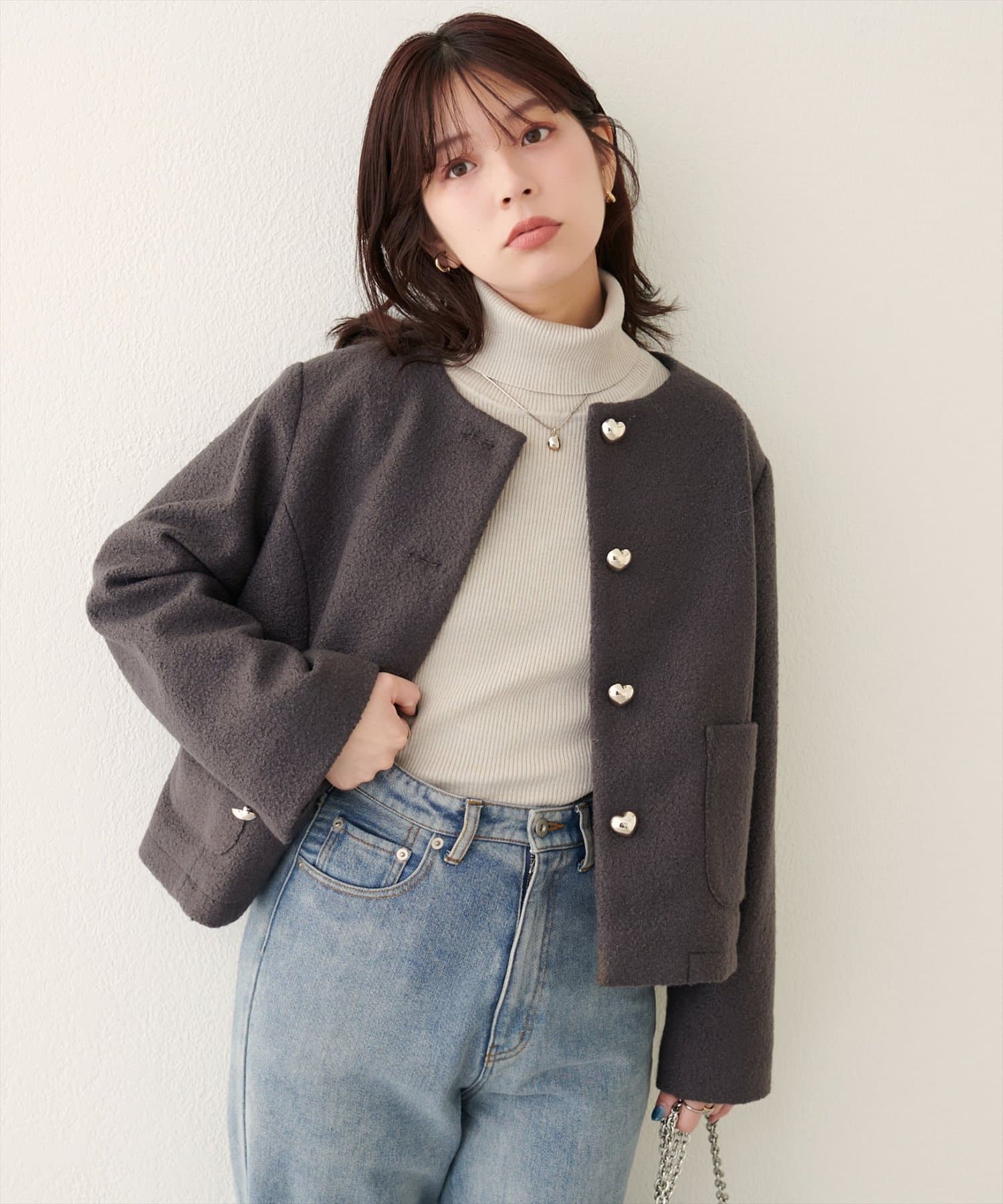 natural couture(ナチュラルクチュール) 【WEB限定】ハート釦ほっこり素材コートジャケット