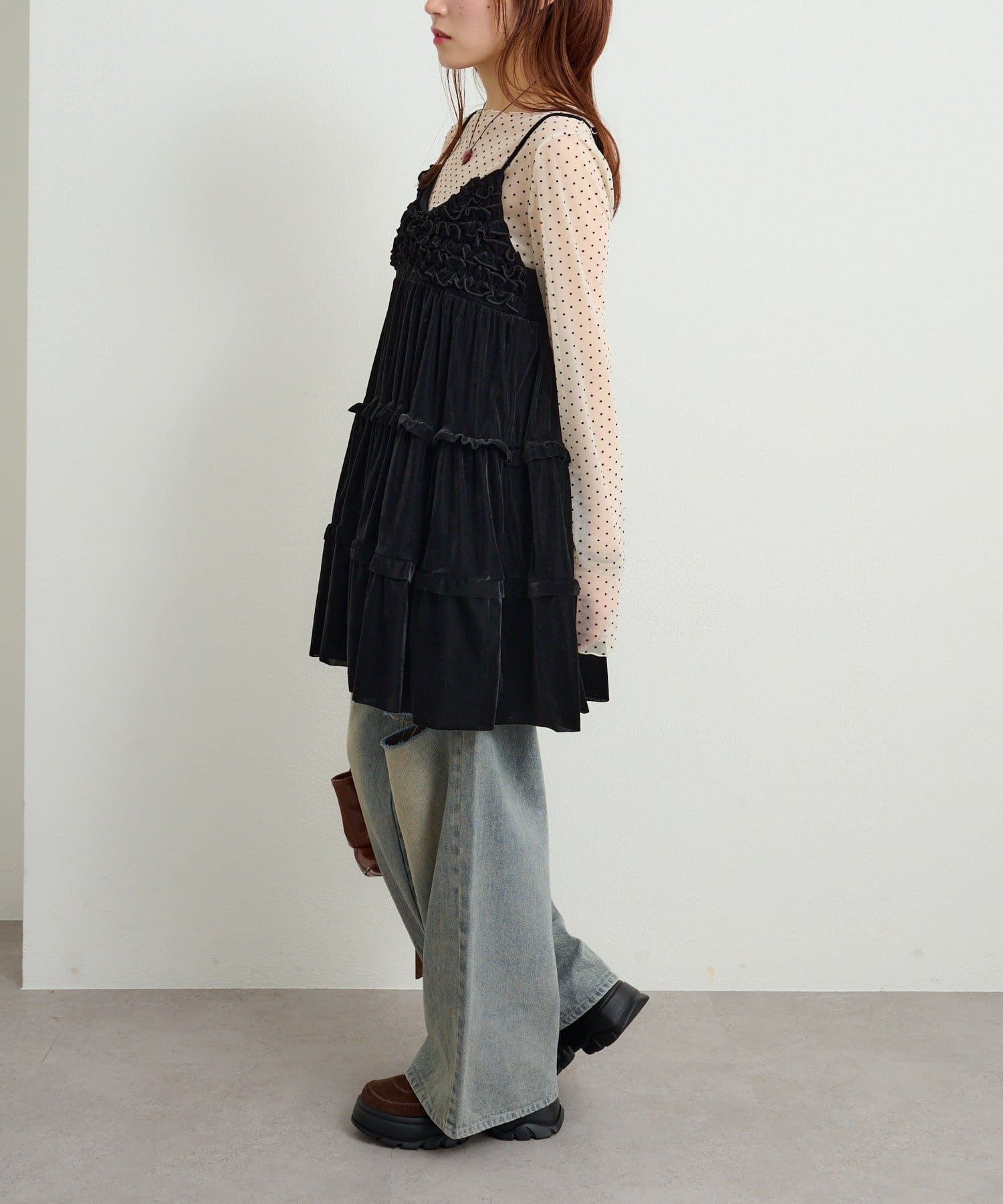 w closet(ダブルクローゼット) 【着回し力NO.1】ベロアフリルキャミワンピ