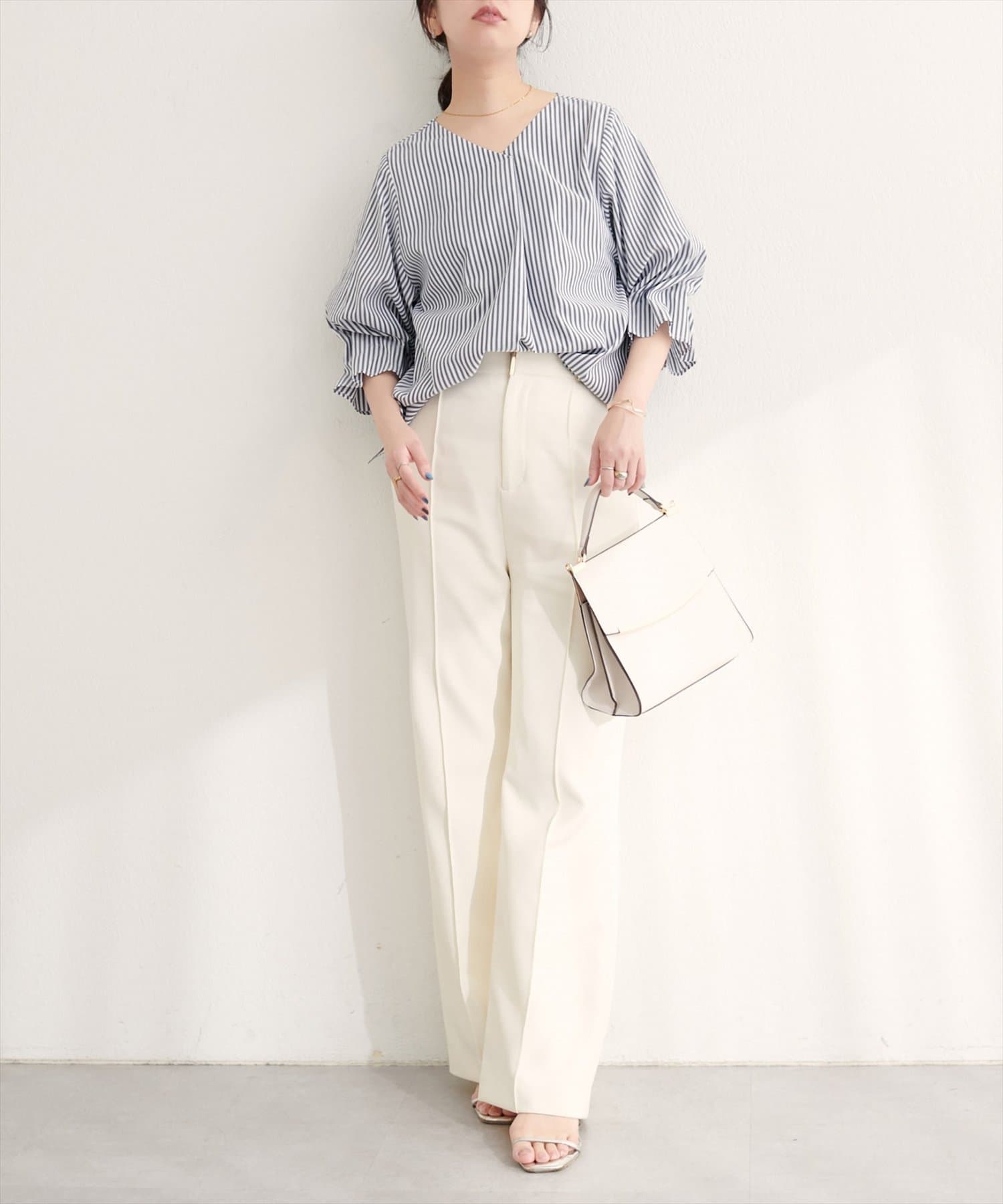natural couture(ナチュラルクチュール) 【WEB限定】麻レーヨンタック袖ブラウス