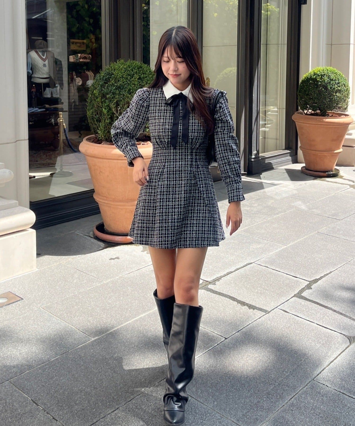 NICE CLAUP / OLIVE des OLIVE OUTLET(ナイスクラップ  / オリーブ デ オリーブ アウトレット) Xmasに映える♪【RMAF】ツイード配色衿ミニワンピ