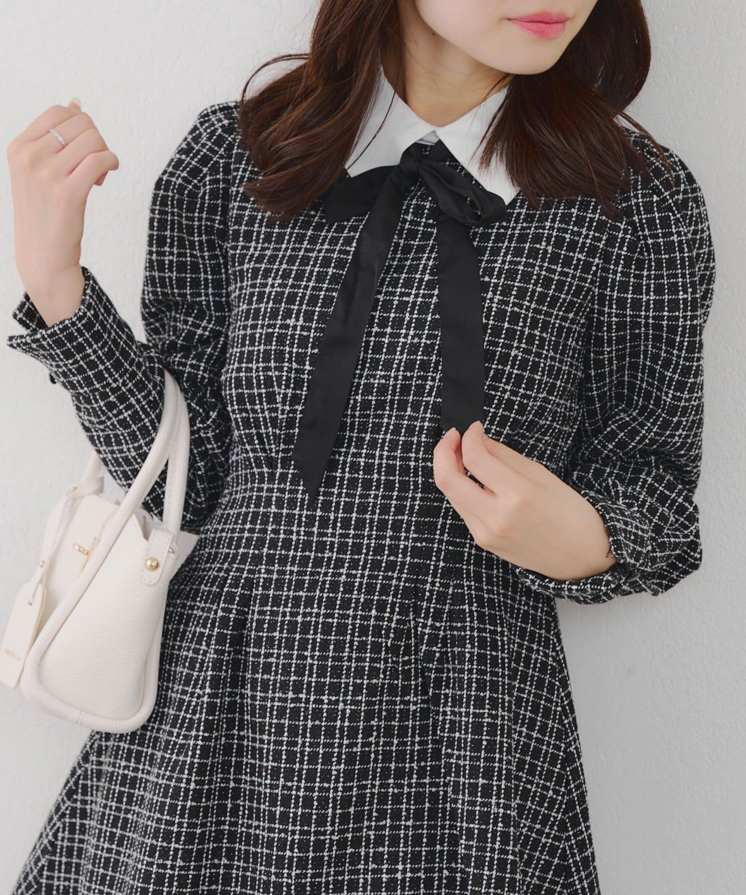 NICE CLAUP / OLIVE des OLIVE OUTLET(ナイスクラップ  / オリーブ デ オリーブ アウトレット) Xmasに映える♪【RMAF】ツイード配色衿ミニワンピ