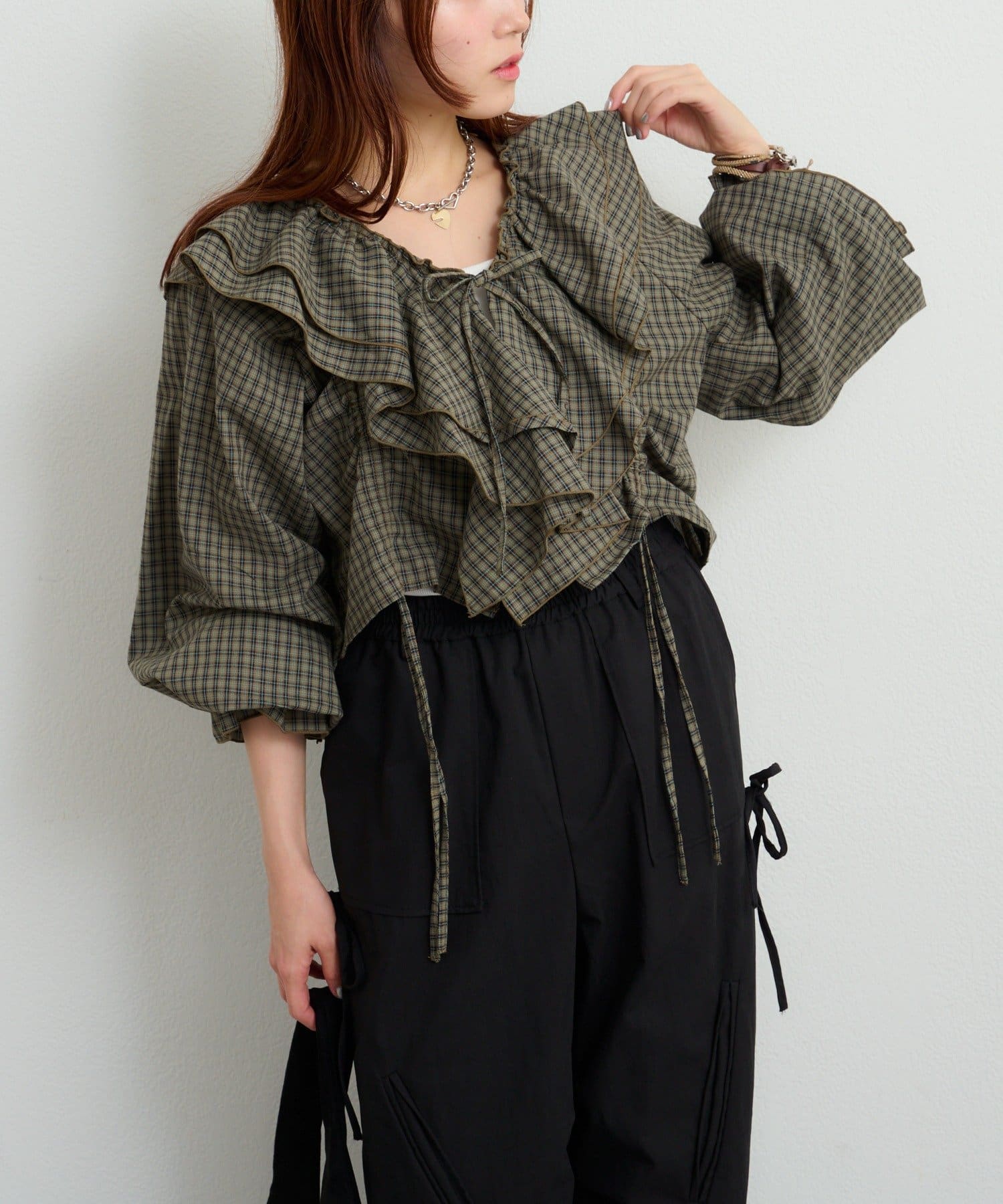 Rose Frantz フリル付きチェック柄トップス 洗える】チェック柄ボウタイ風ブラウス（シャツ・ブラウス
