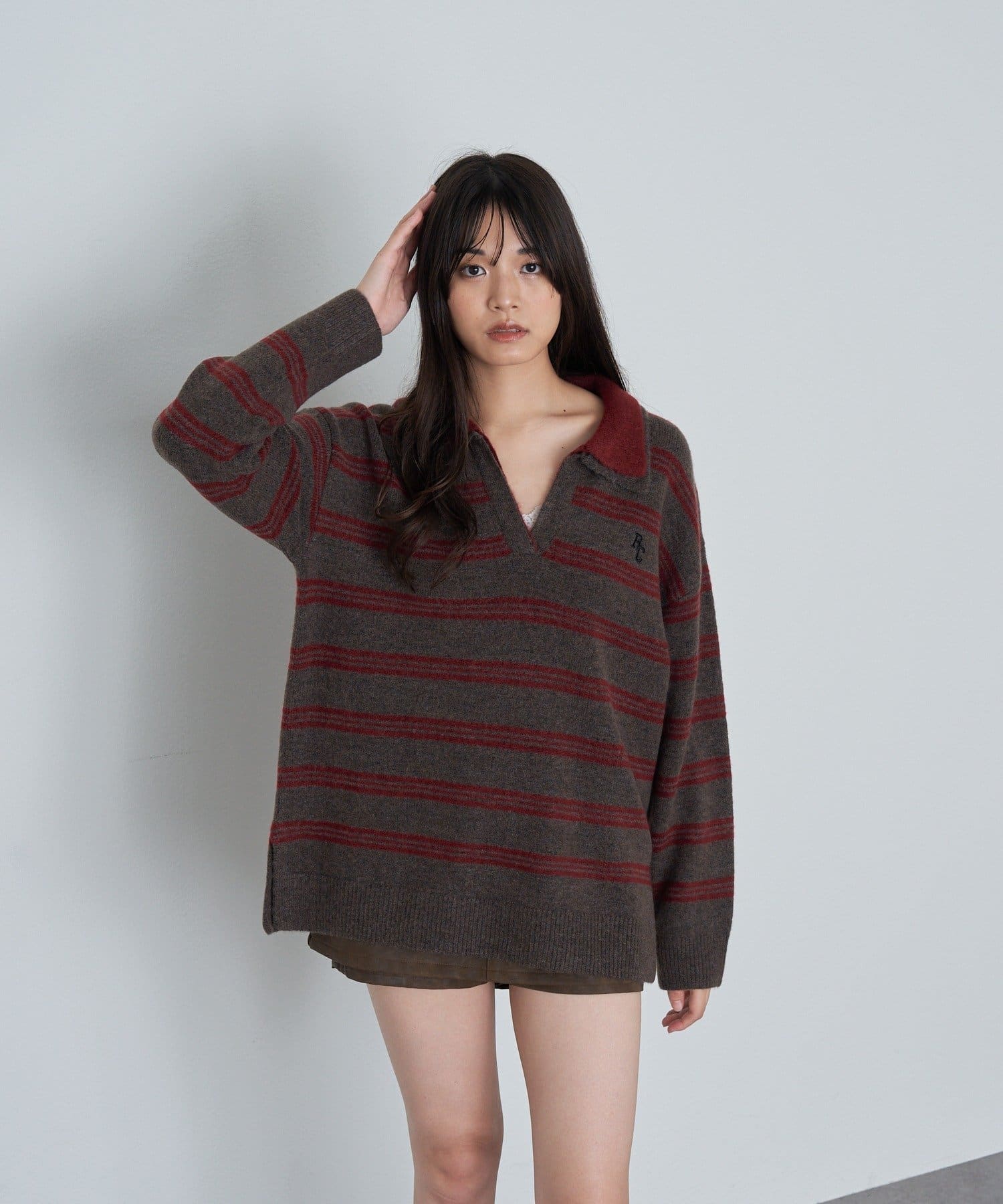 RAY CASSIN(レイカズン) ボーダースキッパーポロ刺繍ニット