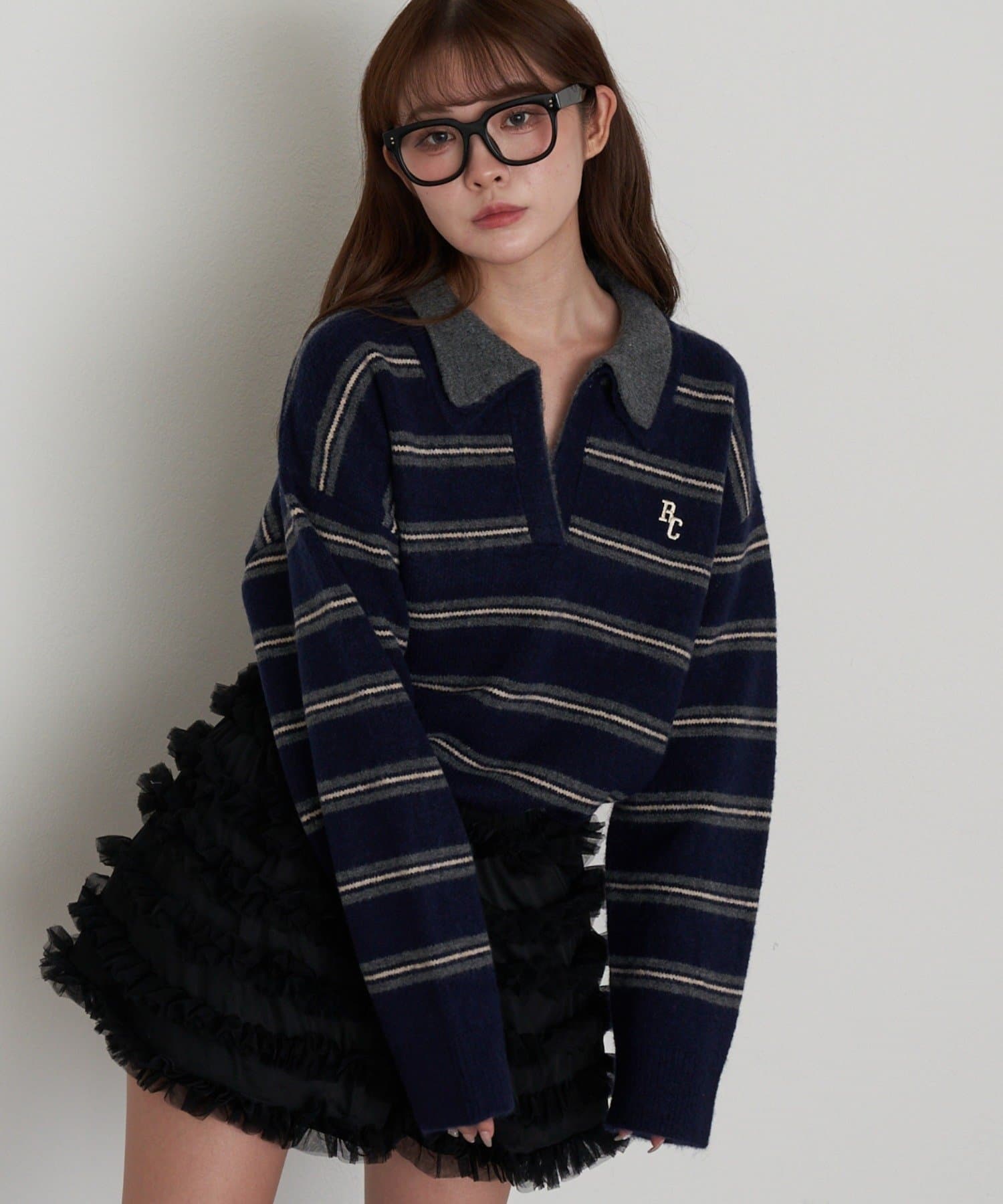 RAY CASSIN(レイカズン) ボーダースキッパーポロ刺繍ニット