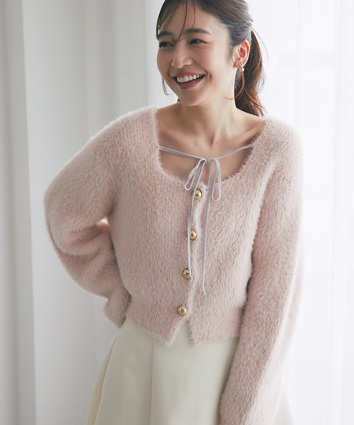 La boutique BonBon(ラブティックボンボン) フェザーヤーン片畦リボンカーディガン
