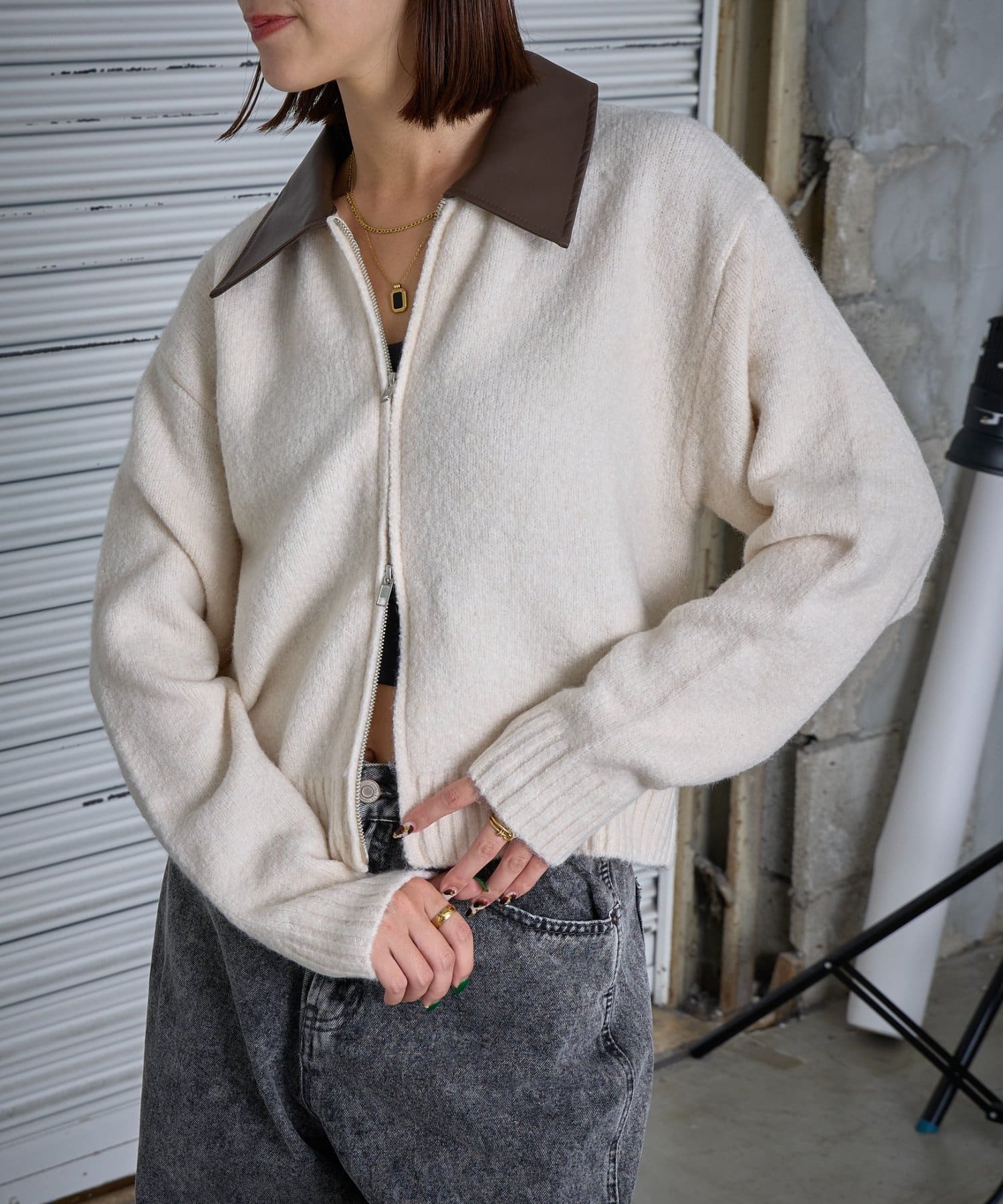 -goocy-(グーシー) Fレザー衿付きニットカーディガン