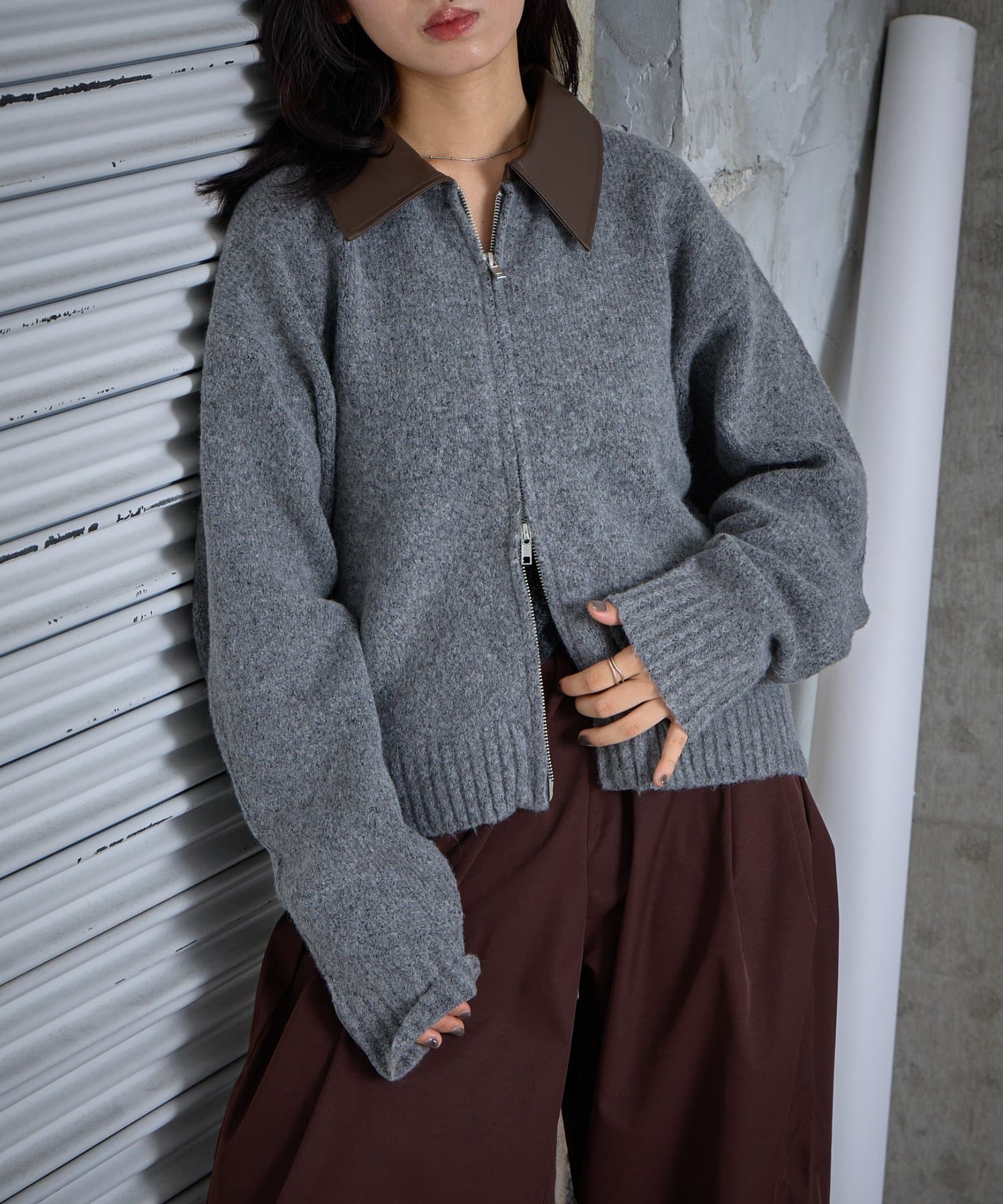 -goocy-(グーシー) Fレザー衿付きニットカーディガン