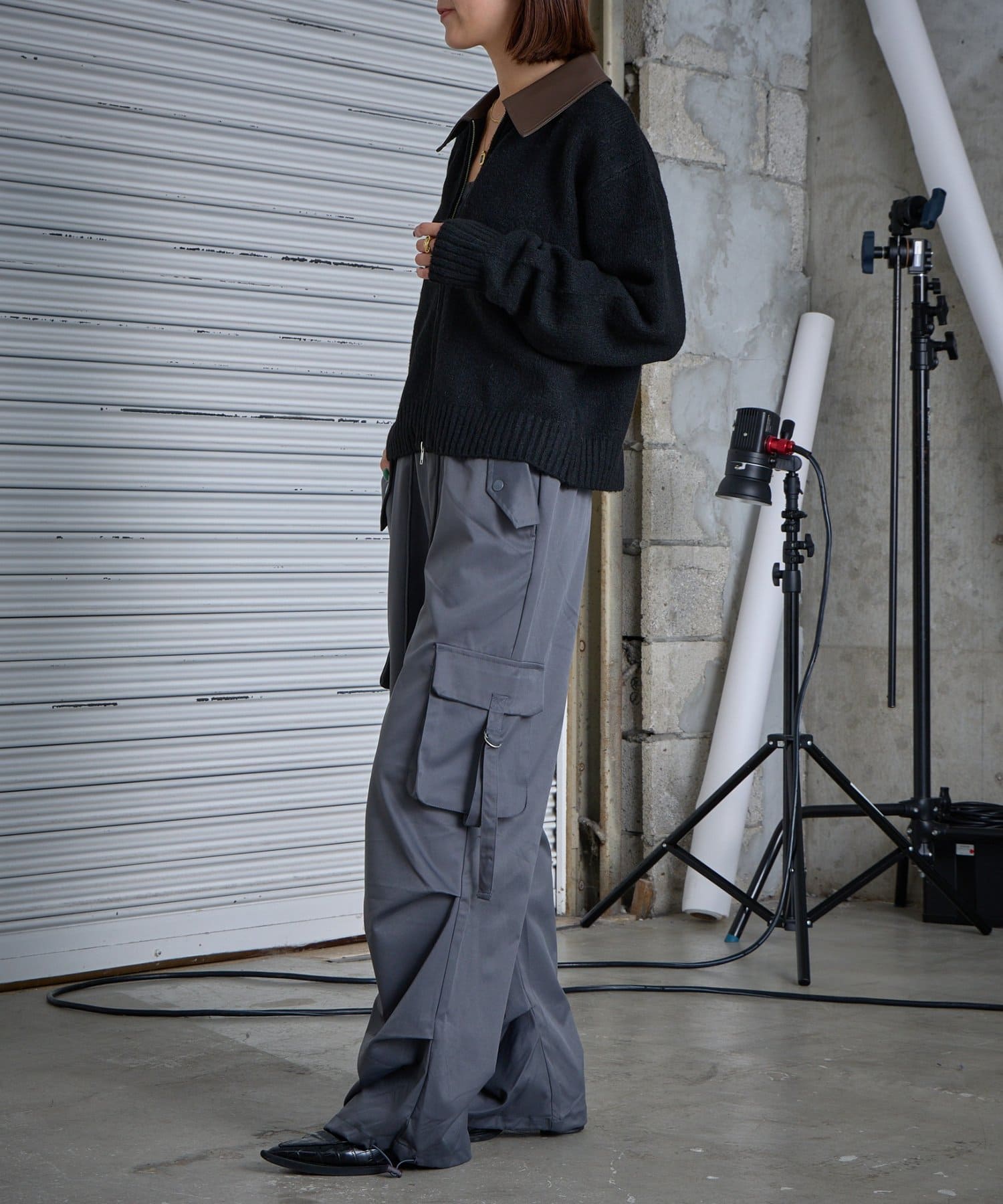 -goocy-(グーシー) Fレザー衿付きニットカーディガン