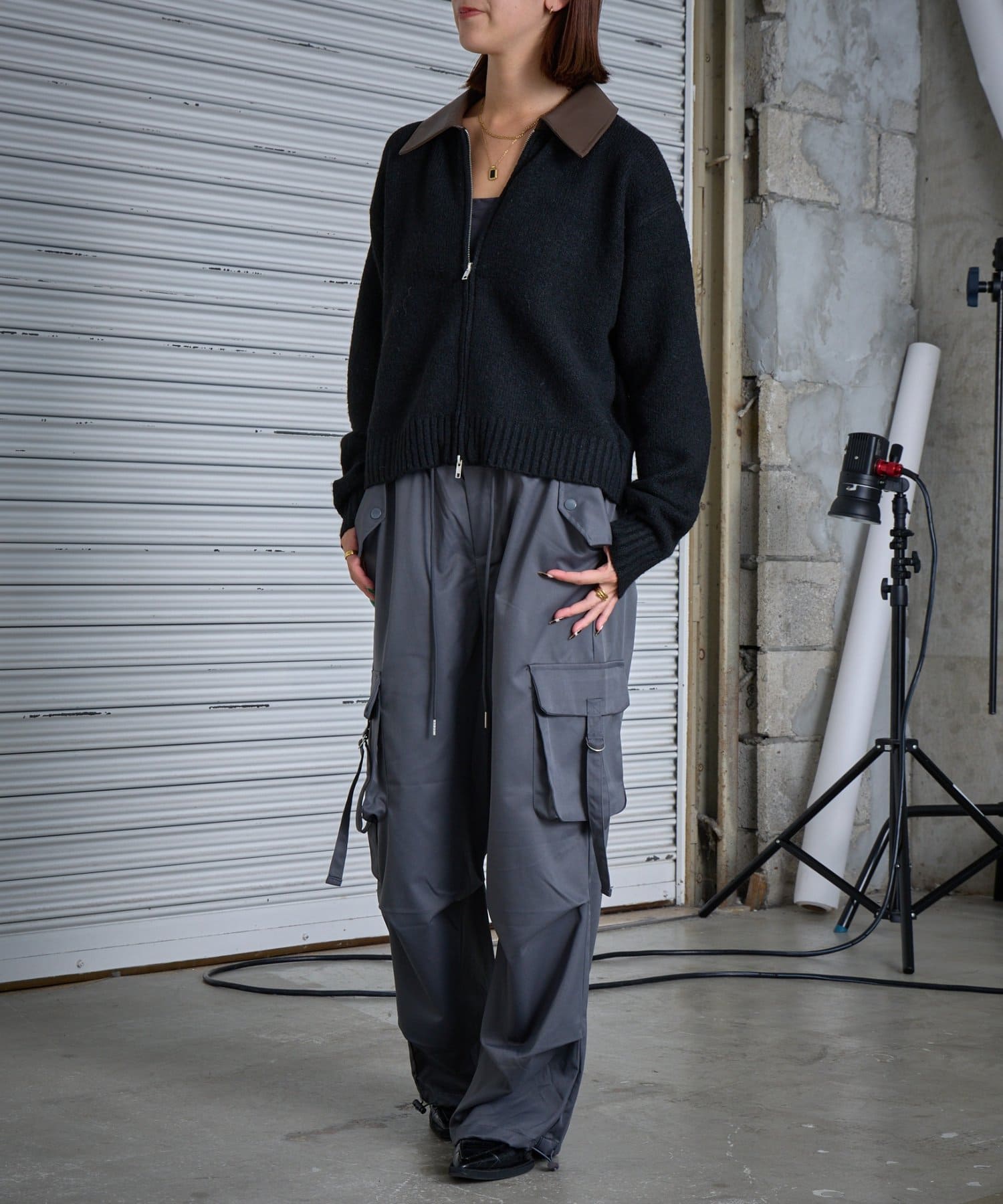 -goocy-(グーシー) Fレザー衿付きニットカーディガン