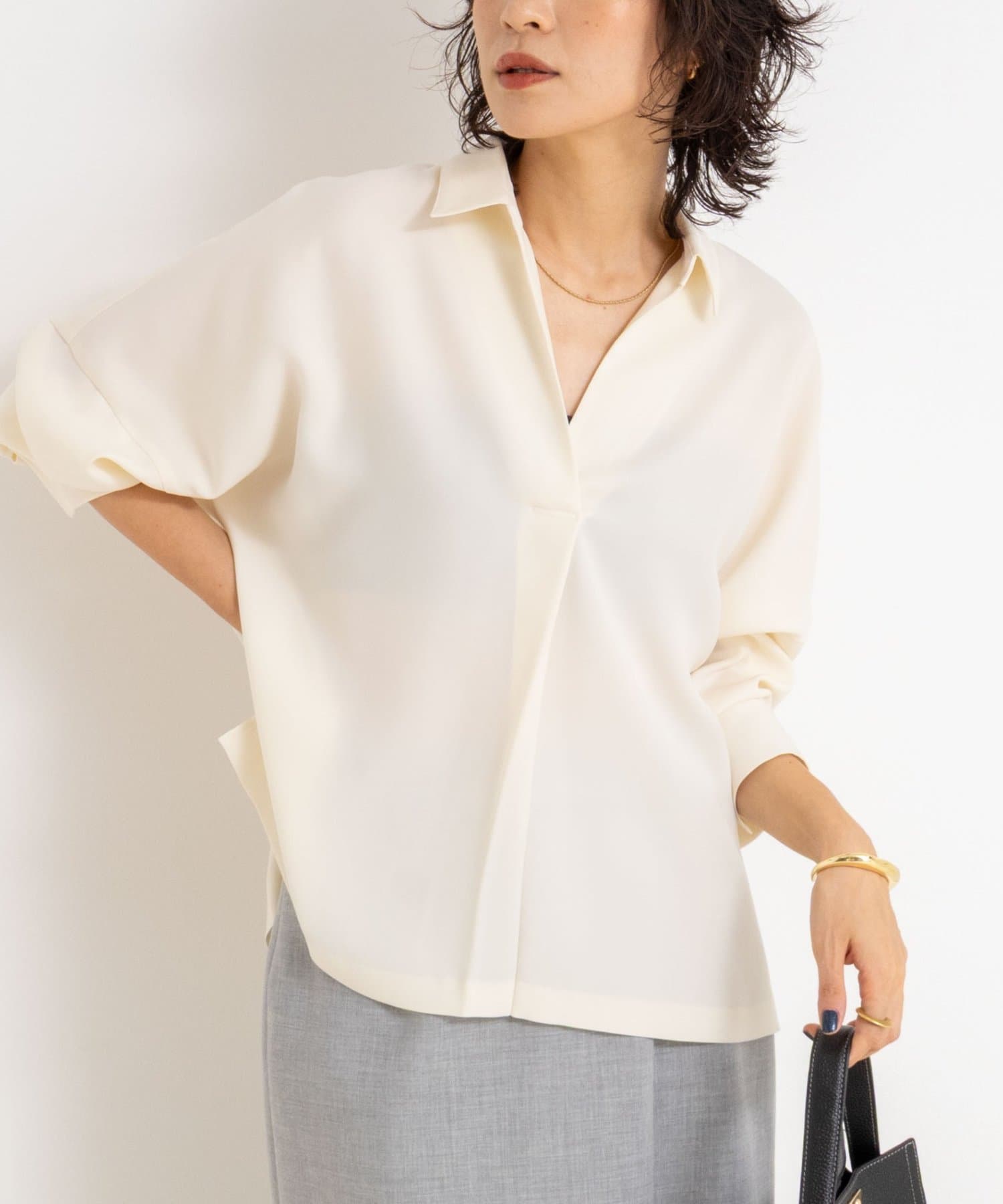 NOLLEY'S(ノーリーズ) 《セットアップ対応》ウォッシャブルダブルサテンスキッパーブラウス