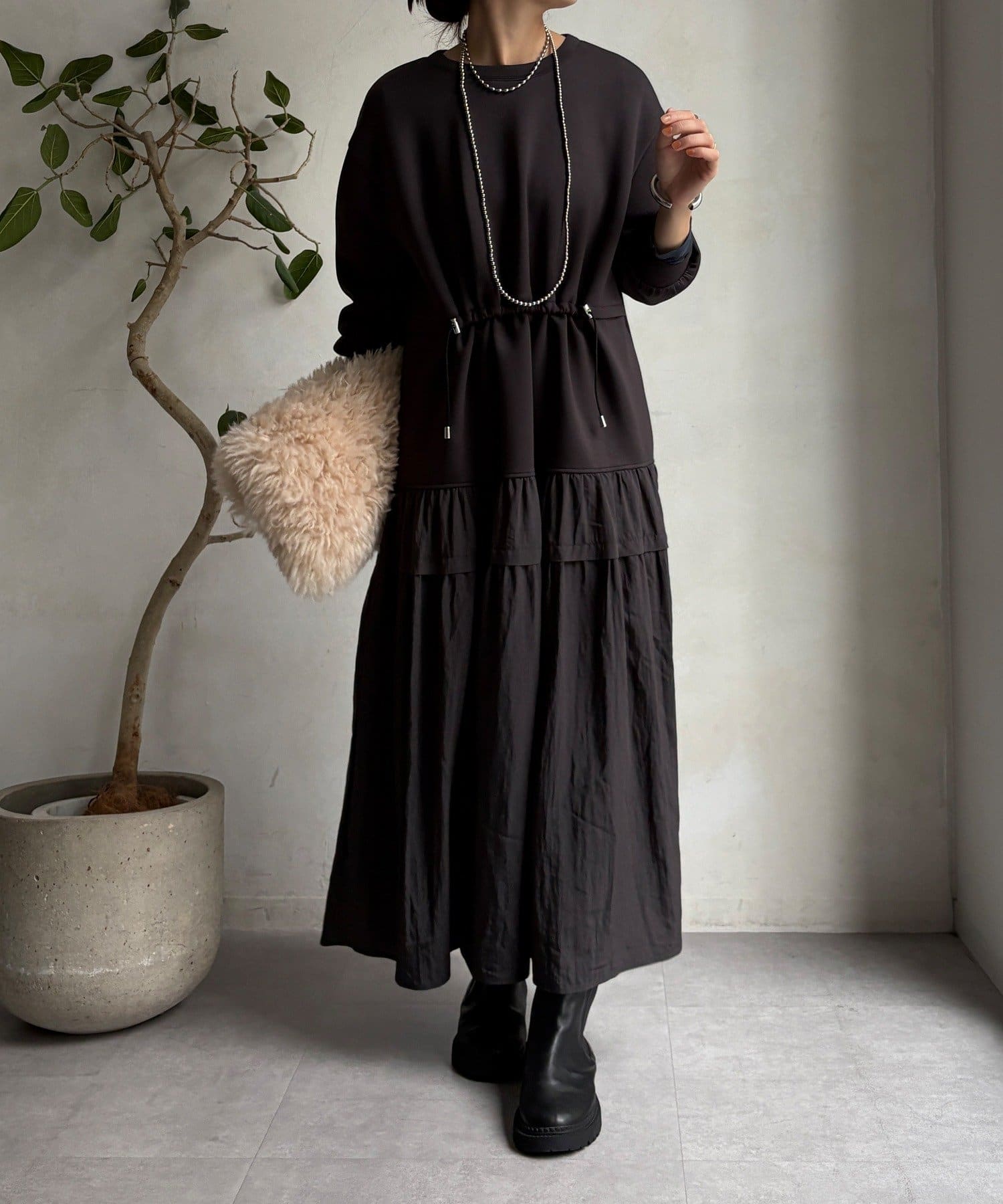 DOUDOU(ドゥドゥ) 【WEB限定】ウエストドロストドッキングワンピース