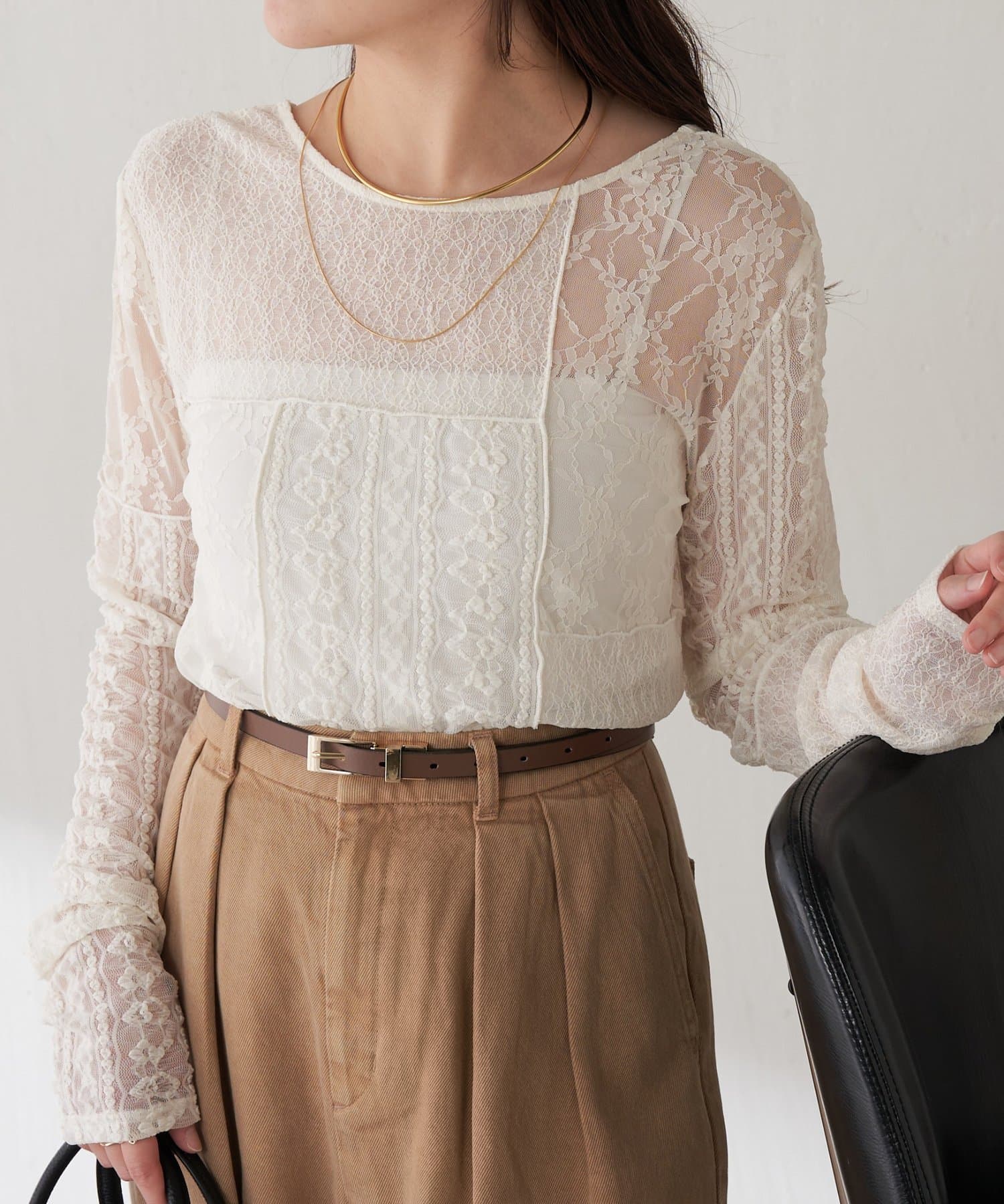 COLLAGE GALLARDAGALANTE(コラージュ ガリャルダガランテ) 【レイヤードにもおすすめ】QanosレースパッチワークロンT