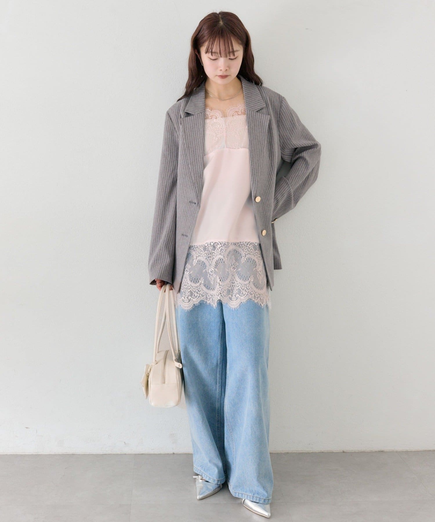 mystic(ミスティック) 【大人っぽいレイヤードスタイルに】《新色ピンク》レースサテンキャミソール