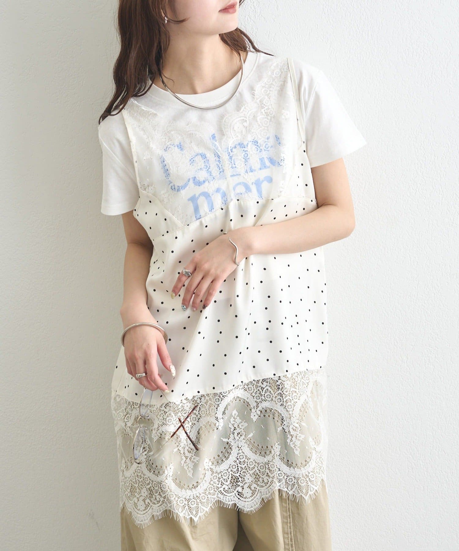 mystic(ミスティック) 《新色ドット》【大人っぽいレイヤードスタイルに】レースサテンキャミソール