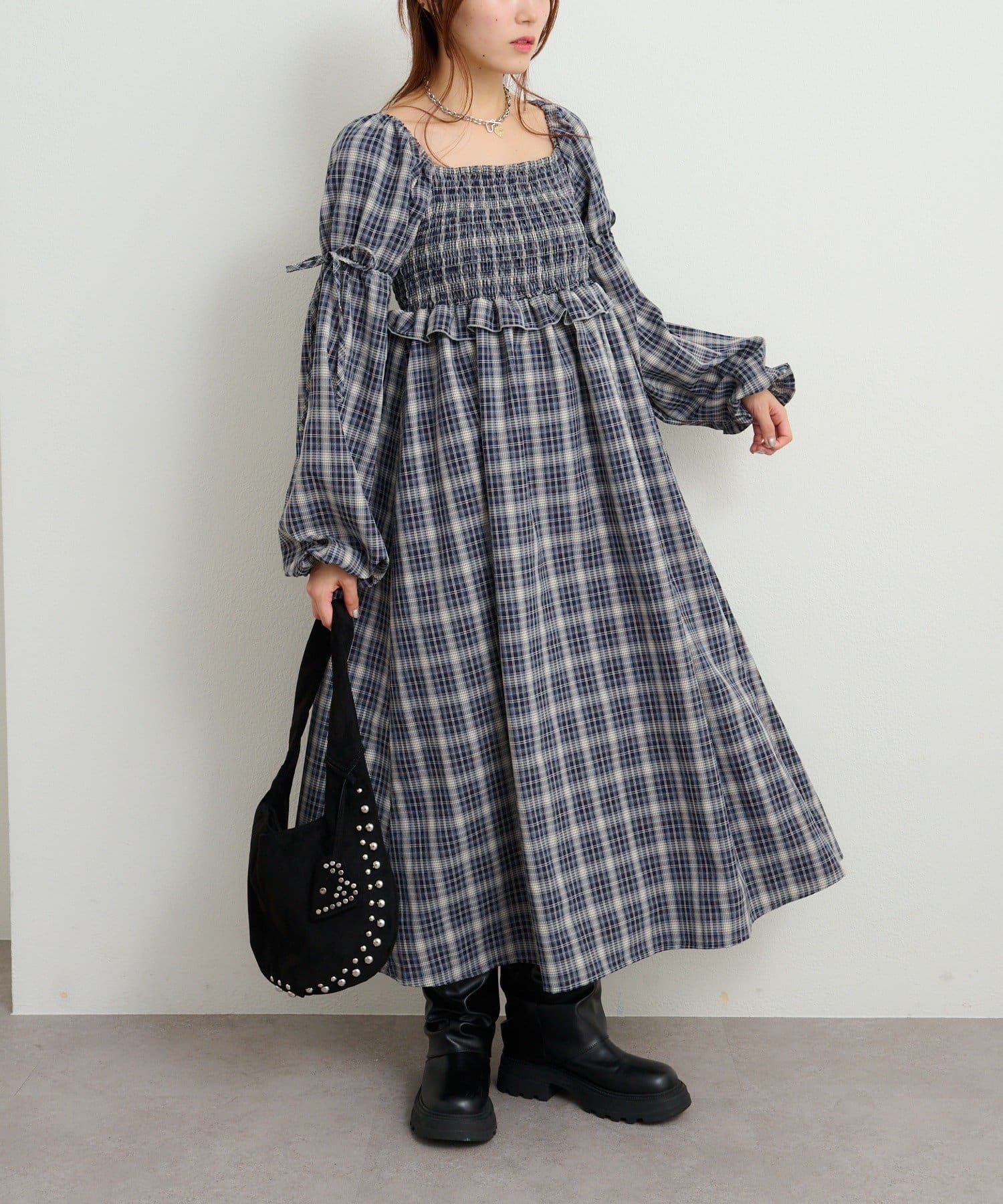 w closet(ダブルクローゼット) シャーリングチェックワンピース