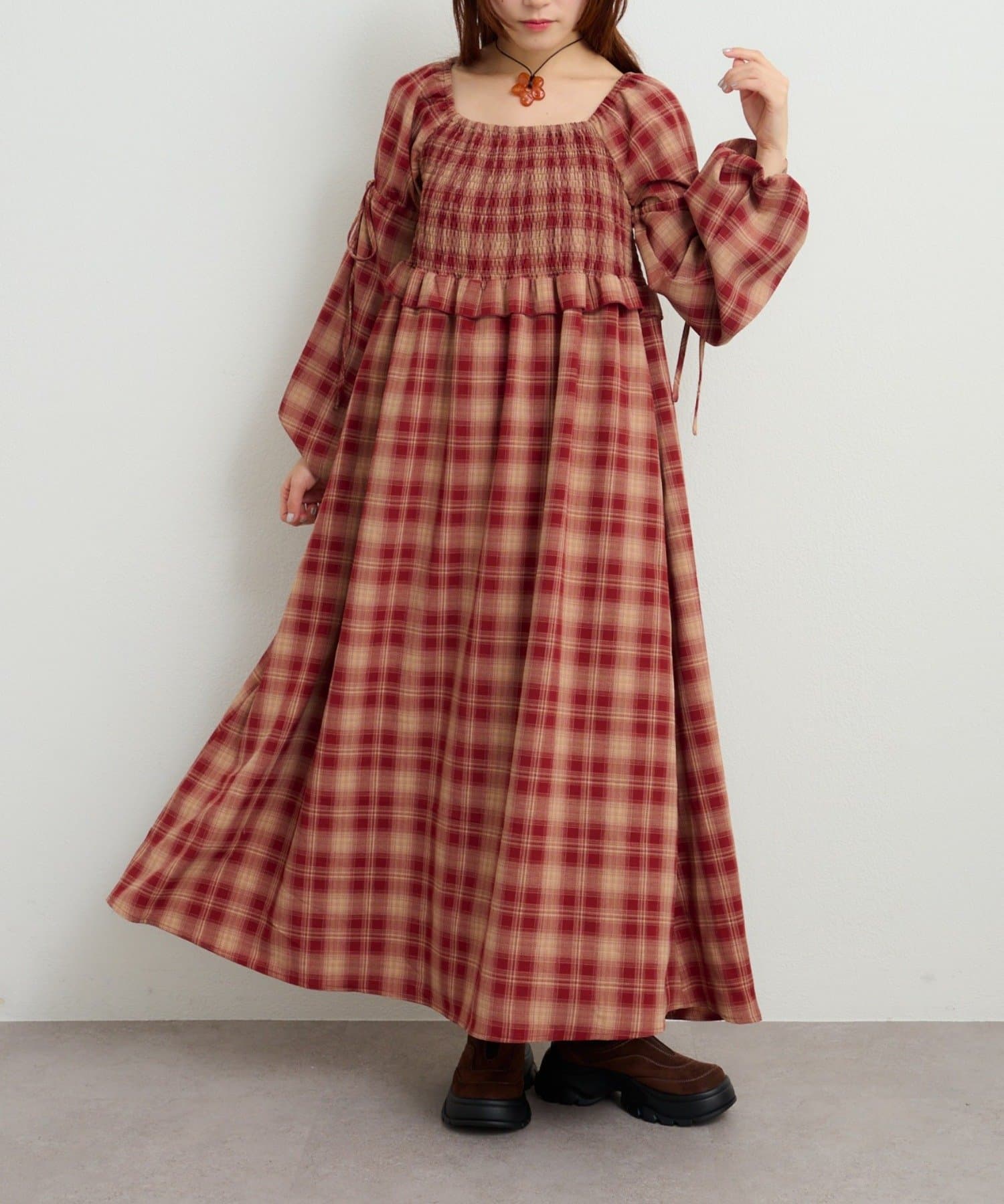 w closet(ダブルクローゼット) シャーリングチェックワンピース