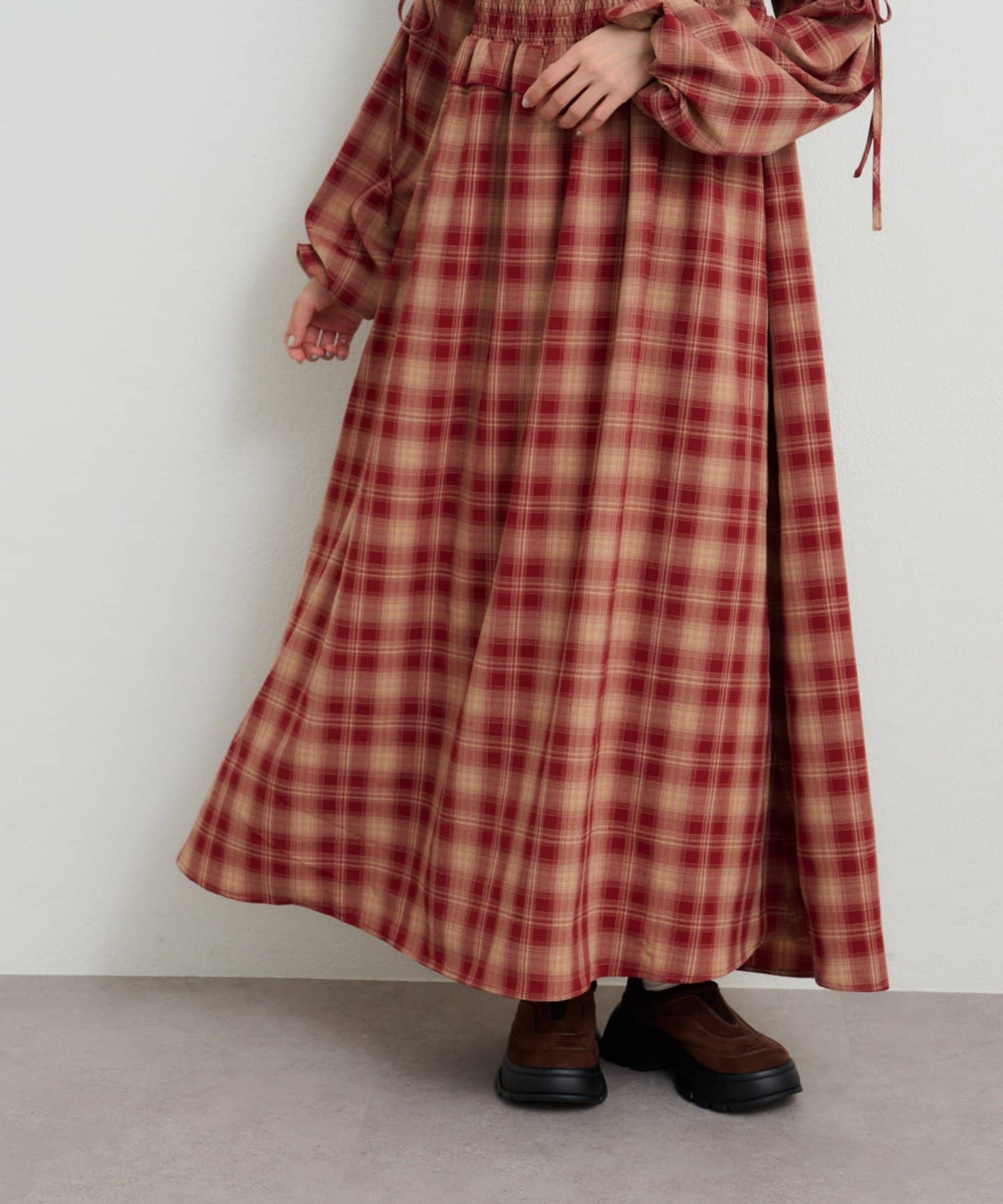 w closet(ダブルクローゼット) シャーリングチェックワンピース