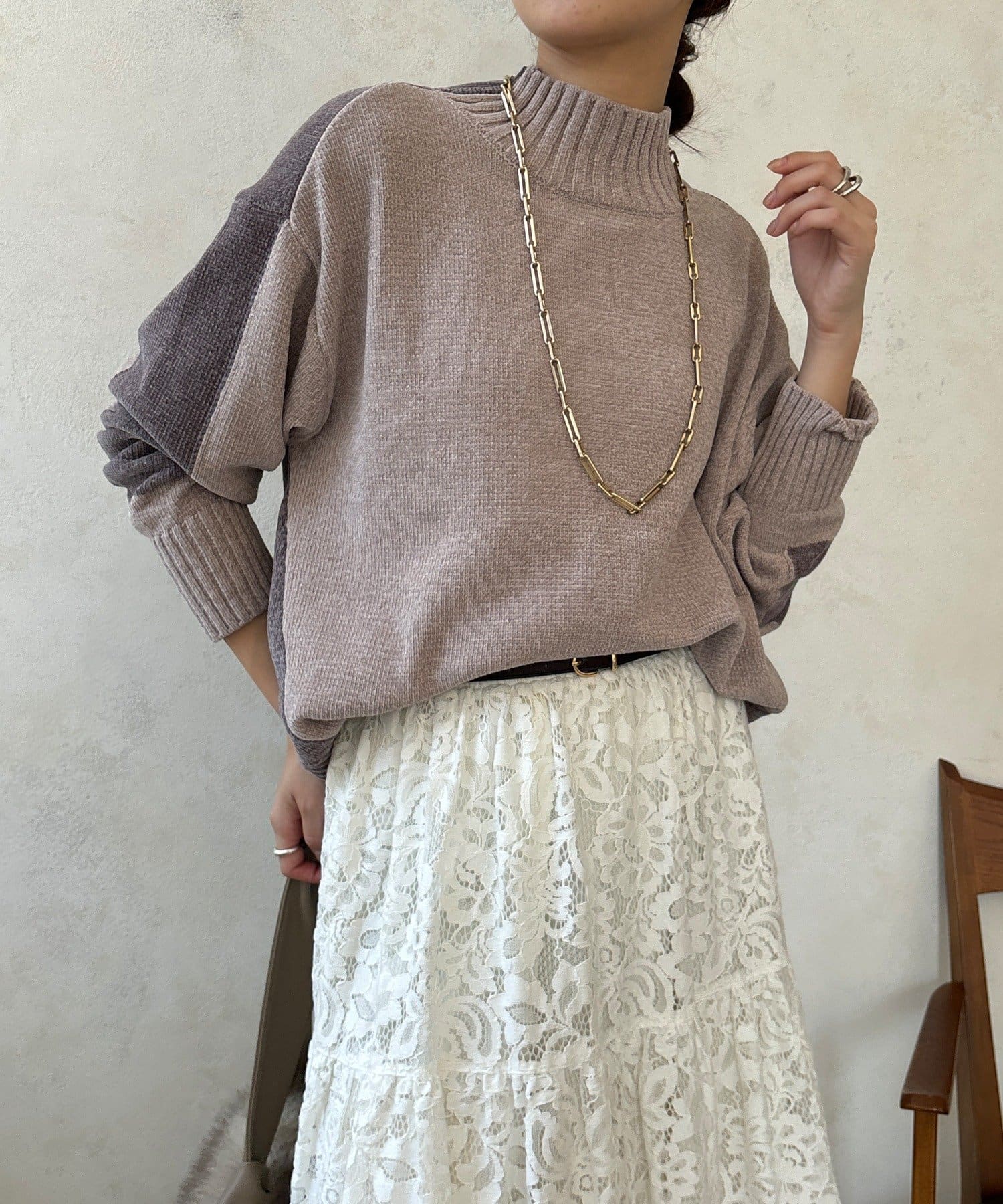 DOUDOU(ドゥドゥ) 【WEB限定】モール配色ハイネックプルオーバー