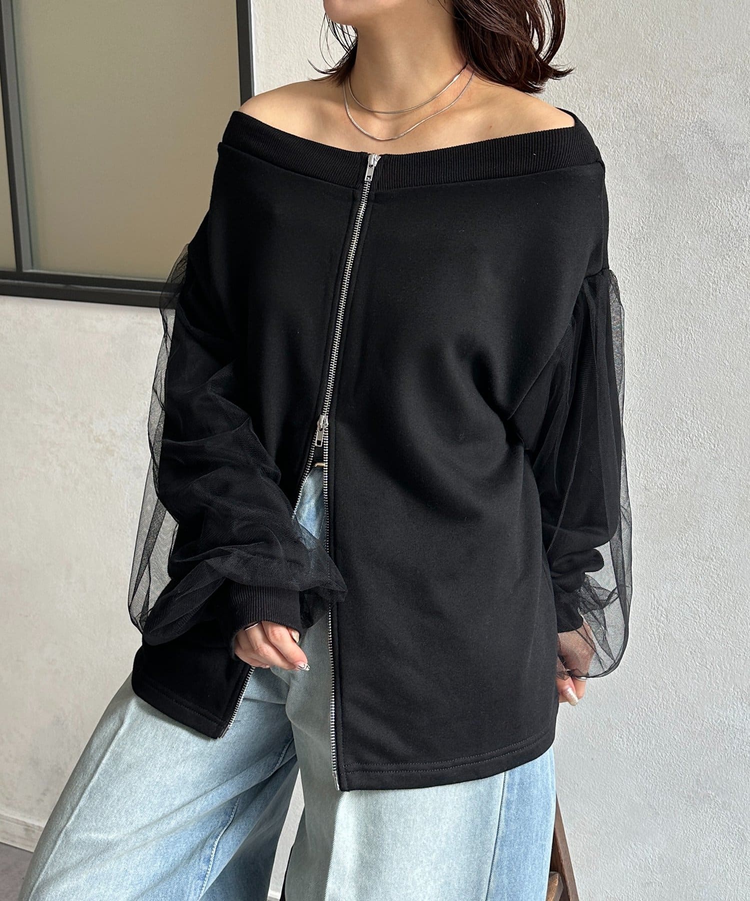 Thevon.(ゼヴォン) 袖チュールWジップ裏毛プルオーバー