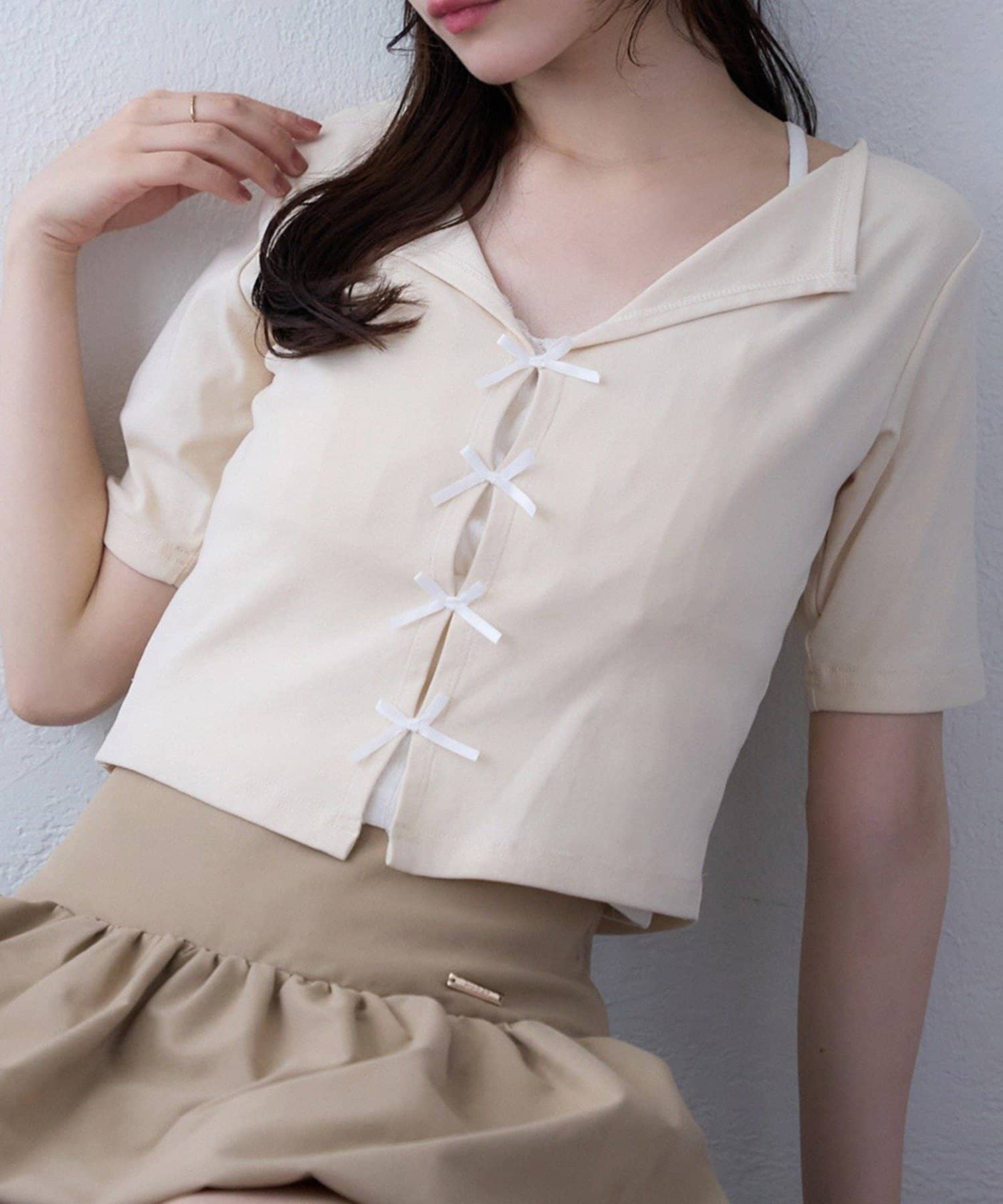 NICE CLAUP / OLIVE des OLIVE OUTLET(ナイスクラップ  / オリーブ デ オリーブ アウトレット) 【one after another】半袖リボンテレコ