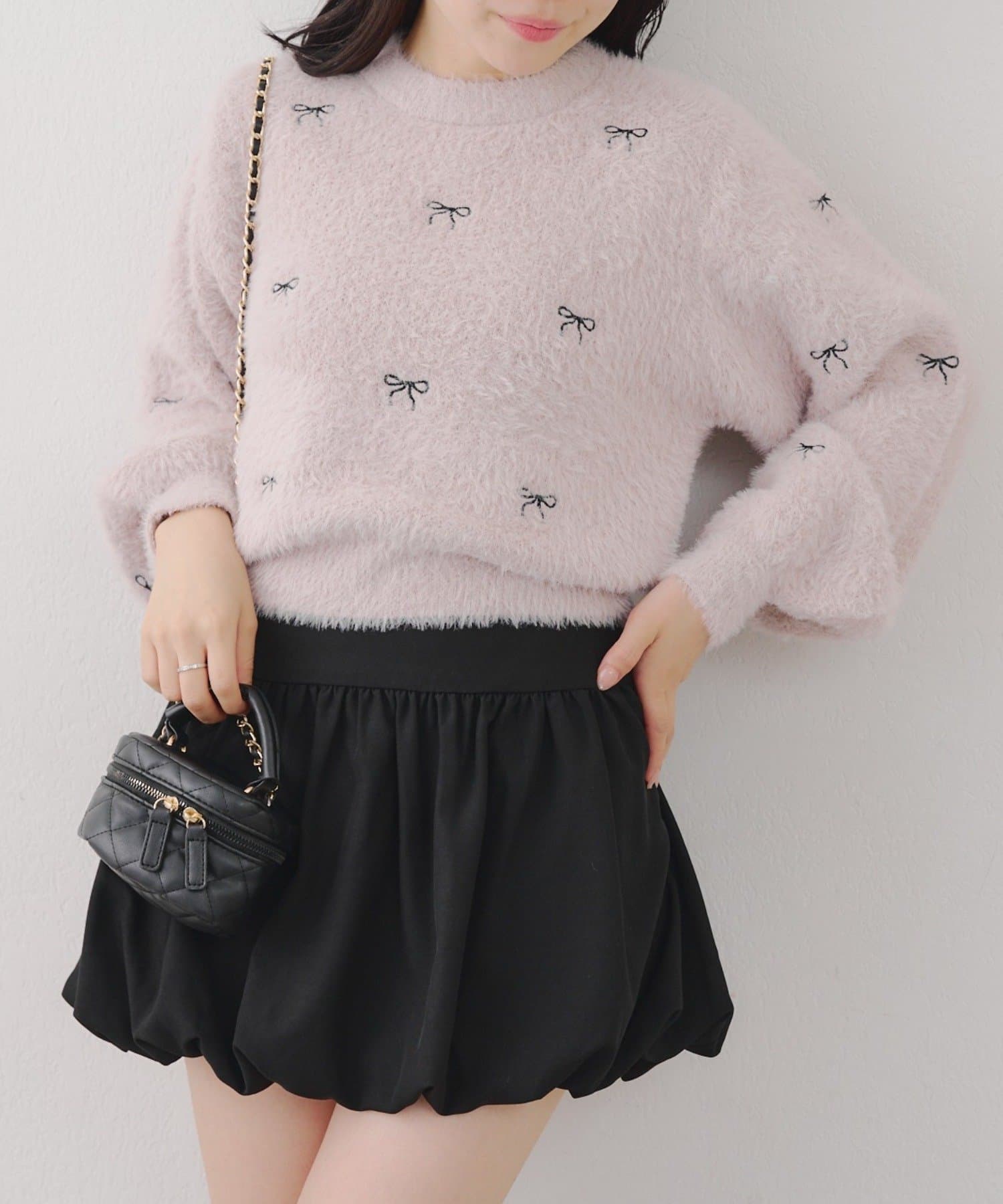 NICE CLAUP / OLIVE des OLIVE OUTLET(ナイスクラップ  / オリーブ デ オリーブ アウトレット) 【RMAF】リボン刺しゅうフェザーニット