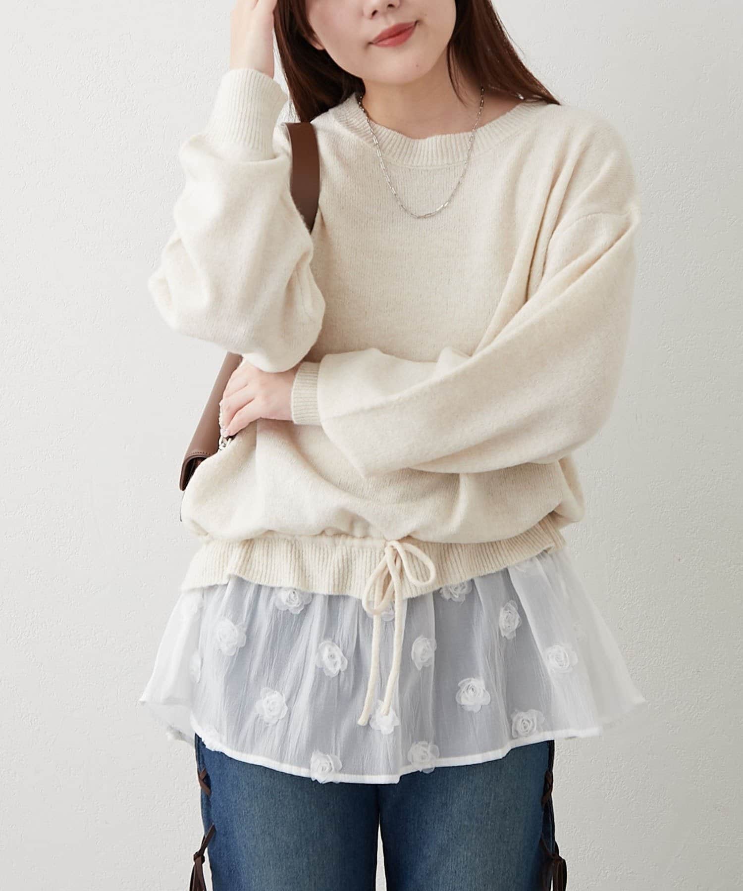 NICE CLAUP / OLIVE des OLIVE OUTLET(ナイスクラップ  / オリーブ デ オリーブ アウトレット) 【RMAF】3Dフラワー付ニットチュニック