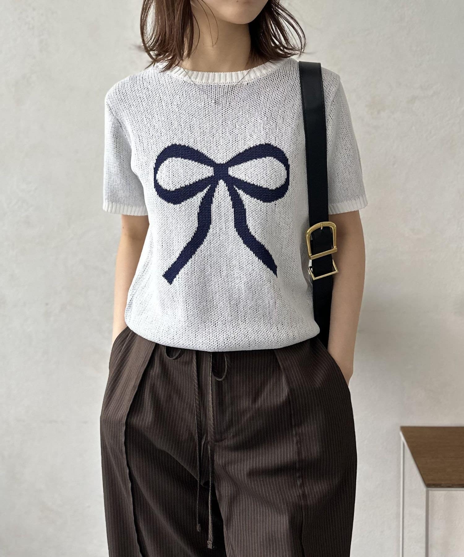 LOCUST(ローカスト) ジャガードリボン柄半袖ニットプルオーバー