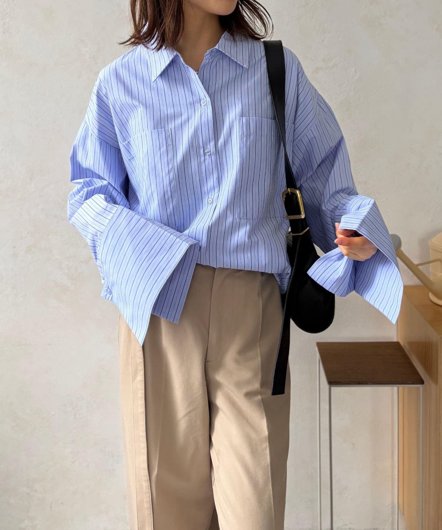 LOCUST(ローカスト) 【着回し力抜群】ブロード＆ストライプビッグカフスオーバーサイズシャツ