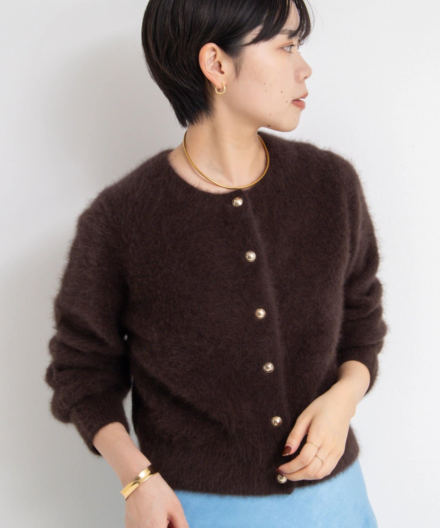 NOLLEY'S(ノーリーズ) ヘアリーメタル釦クルーネックカーディガン