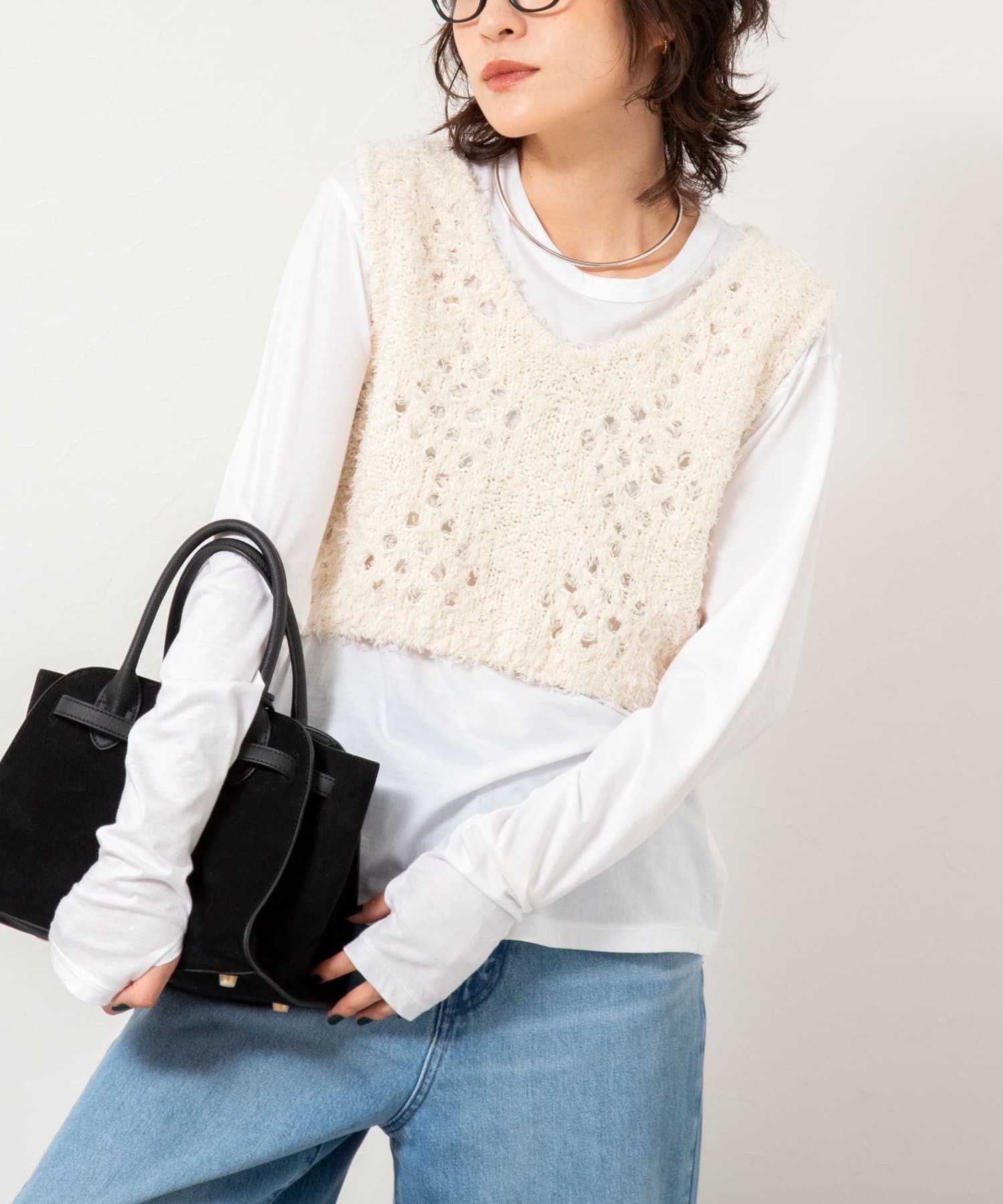 NOLLEY'S(ノーリーズ) 《手洗い可能》カットフェザーヤーン透かし柄2WAYビスチェ