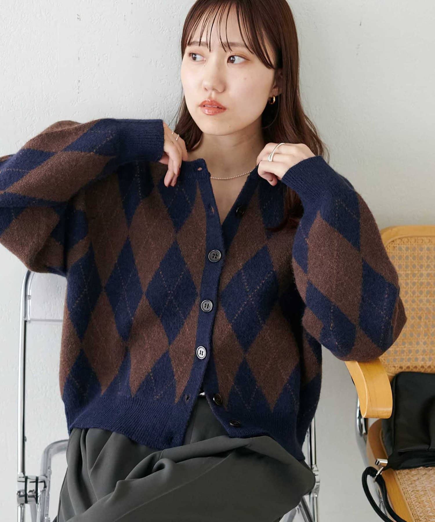 DISCOAT(ディスコート) アーガイル柄クルーカーディガン